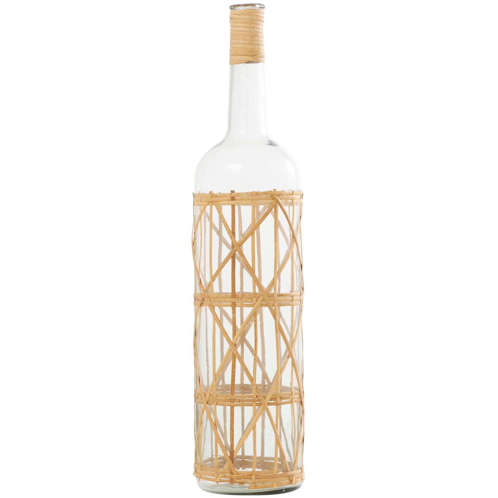 27" Clear Glass Handmade Tall Vase with Light Brown Rattan Woven Body & Neck