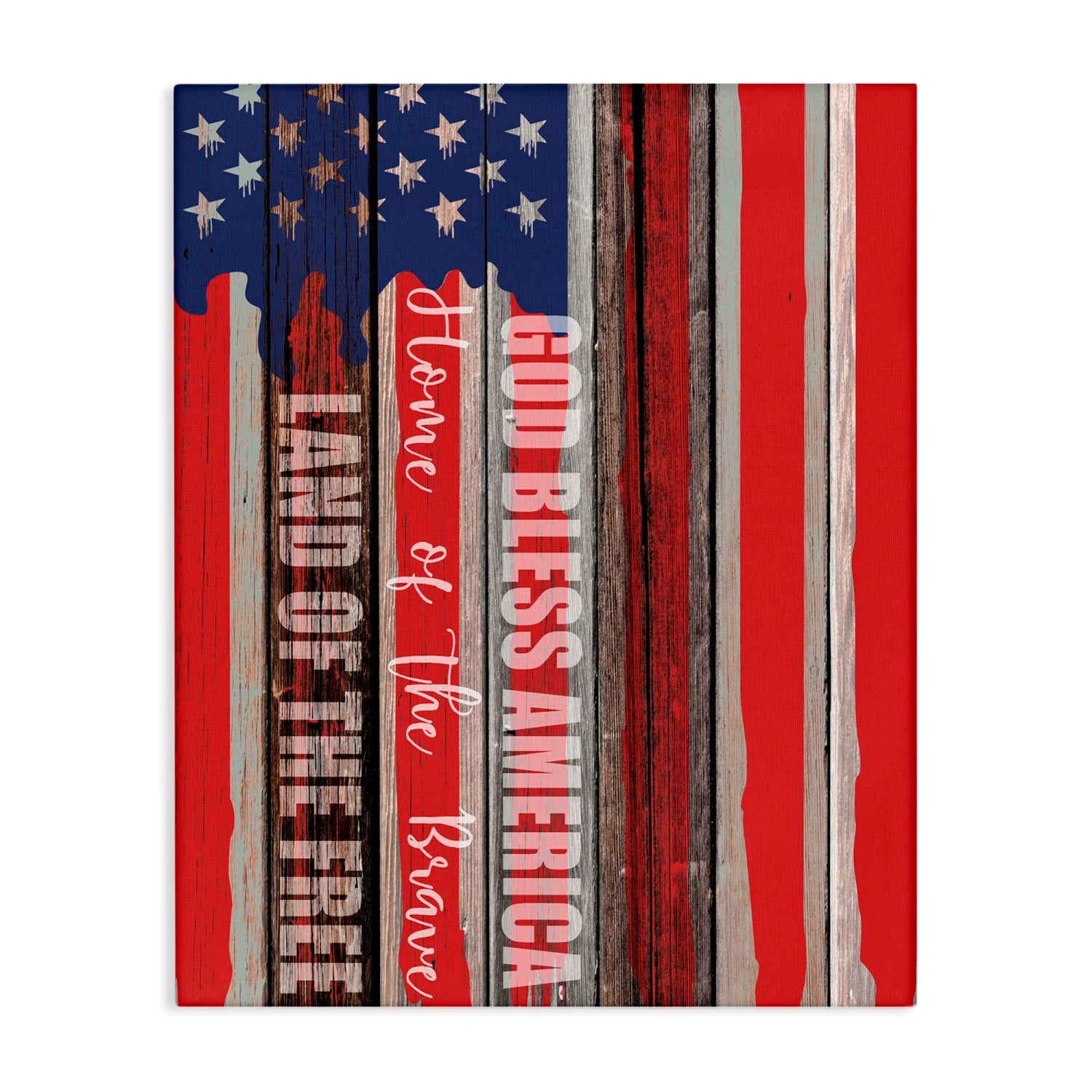 Stupell Industries God Bless America Wood Grain Flag Red White Blue Americana Canvas Wall Art