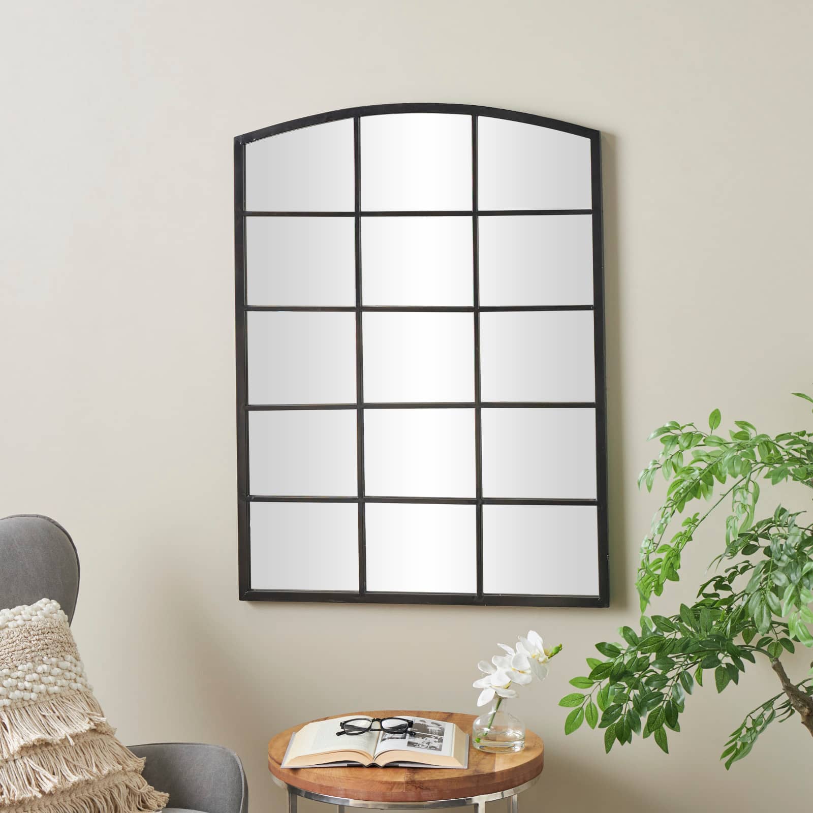 Black Arched Metal Windowpane Wall Mirror