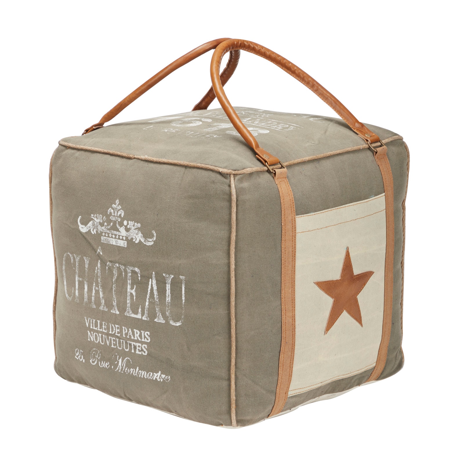 Gray Fabric and Leather Rustic Pouf, 17" x 21" x 21"