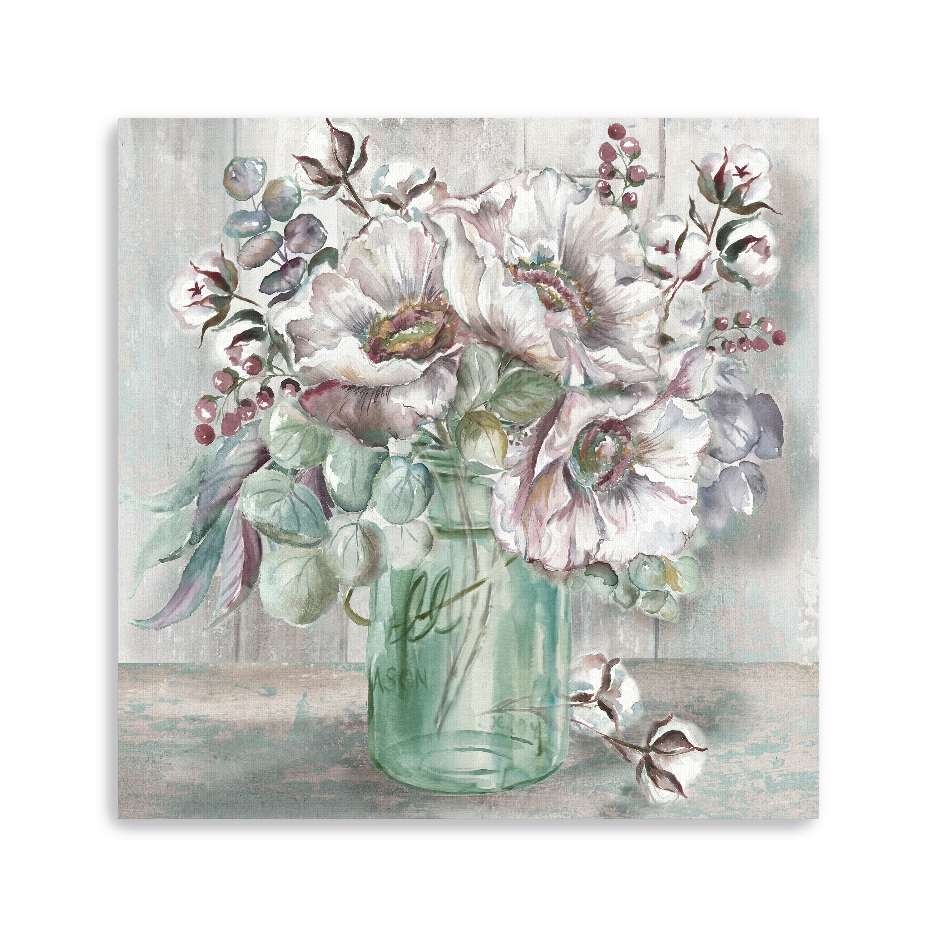 Blush Poppies And Eucalyptus In Mason Jar Canvas Giclee