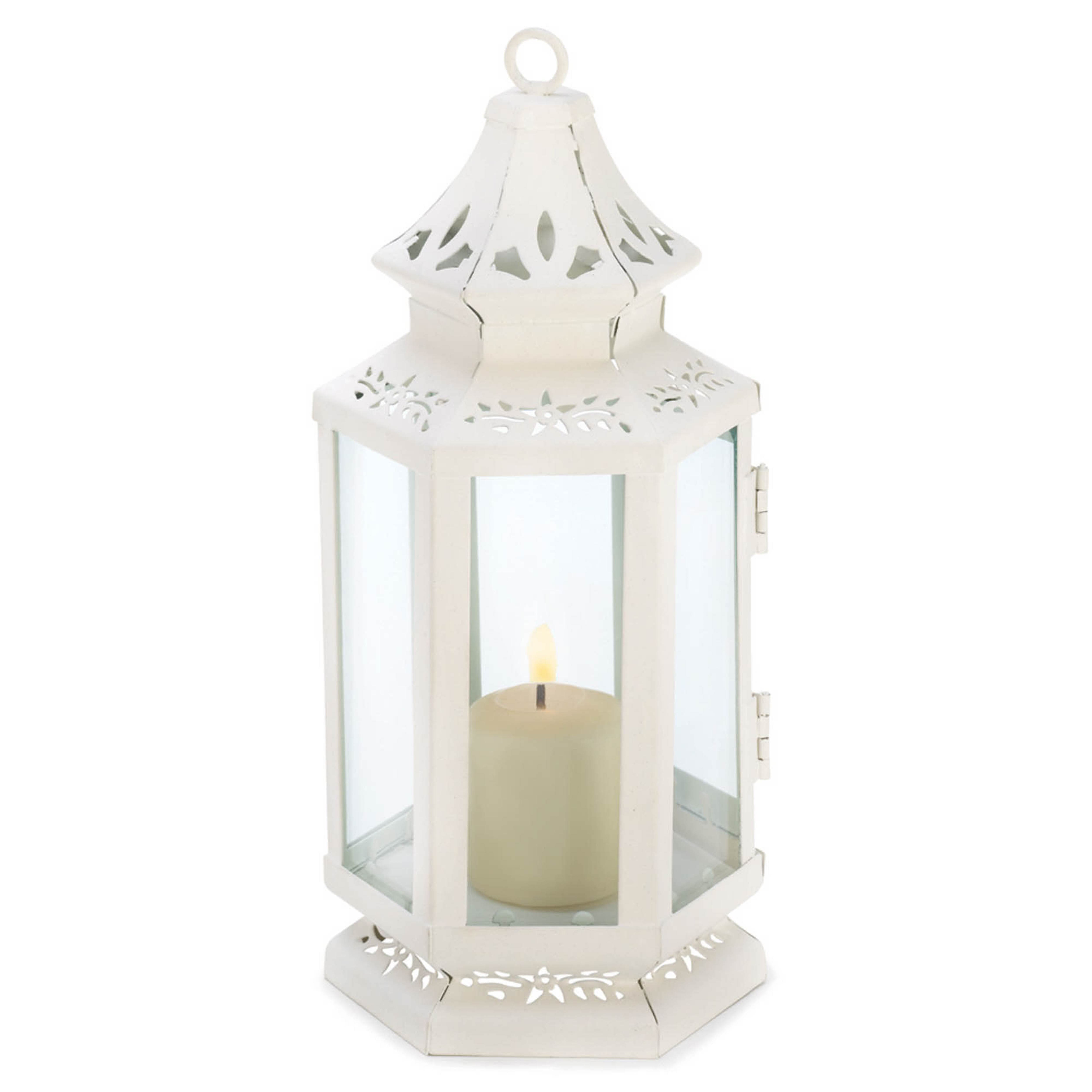 8" White Metal Victorian Lantern with Floral Cutouts