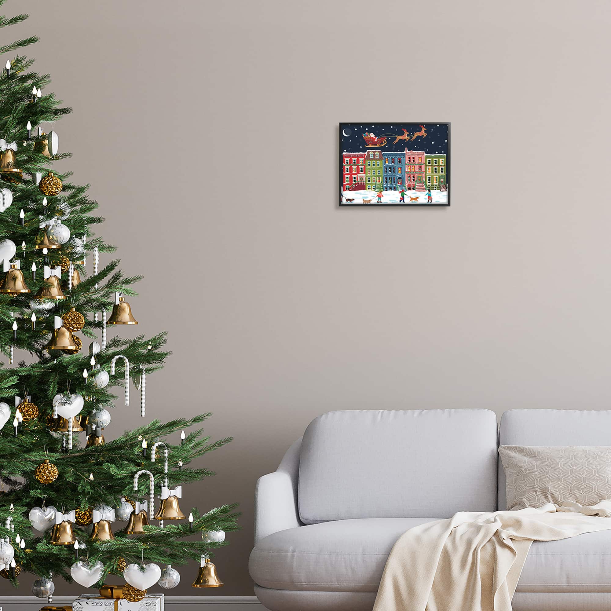 Stupell Industries Snowy Christmas Town Santa Overhead Framed Giclee Art