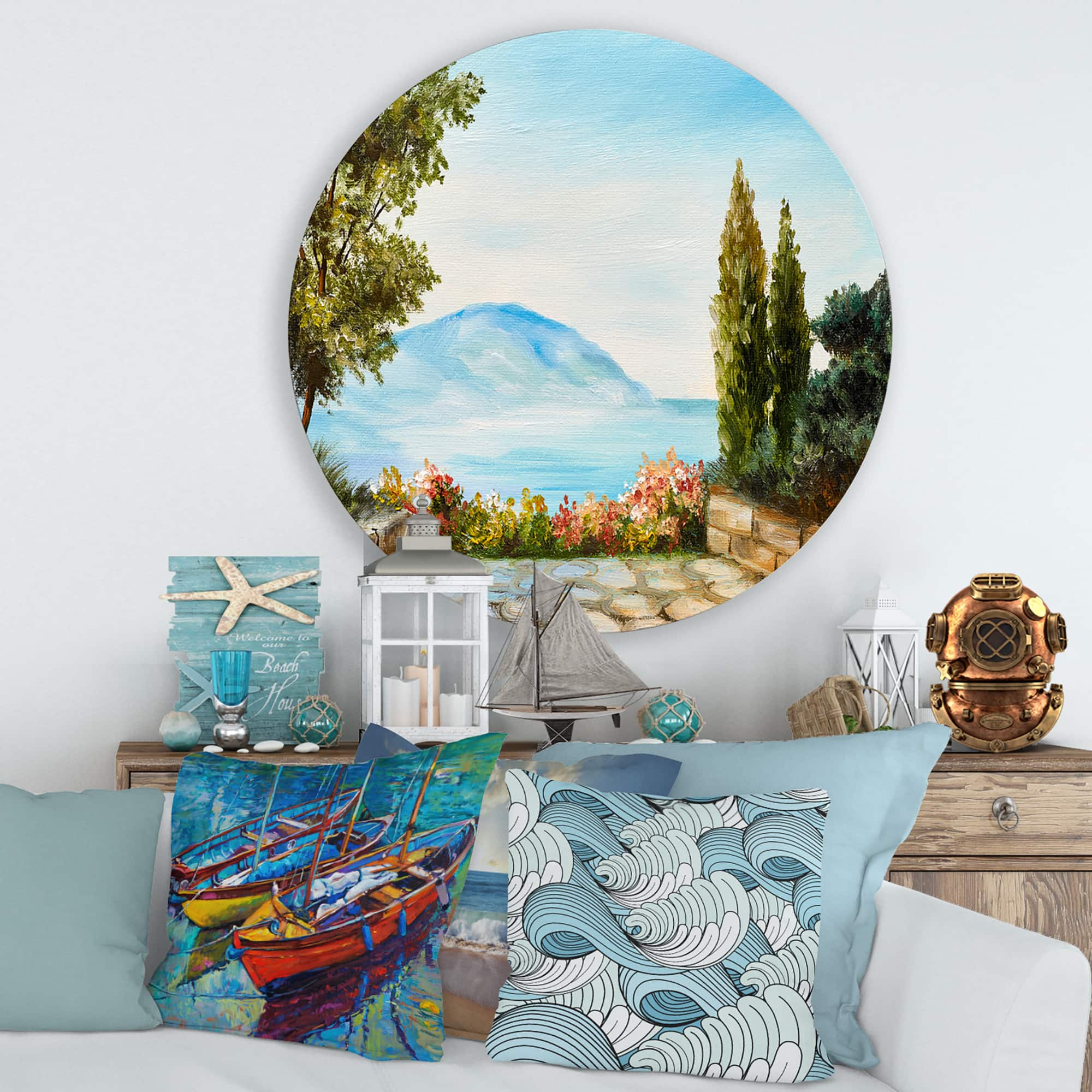 Designart - Mountains View By The Sea Side - Nautical & Coastal Metal Circle Wall Art