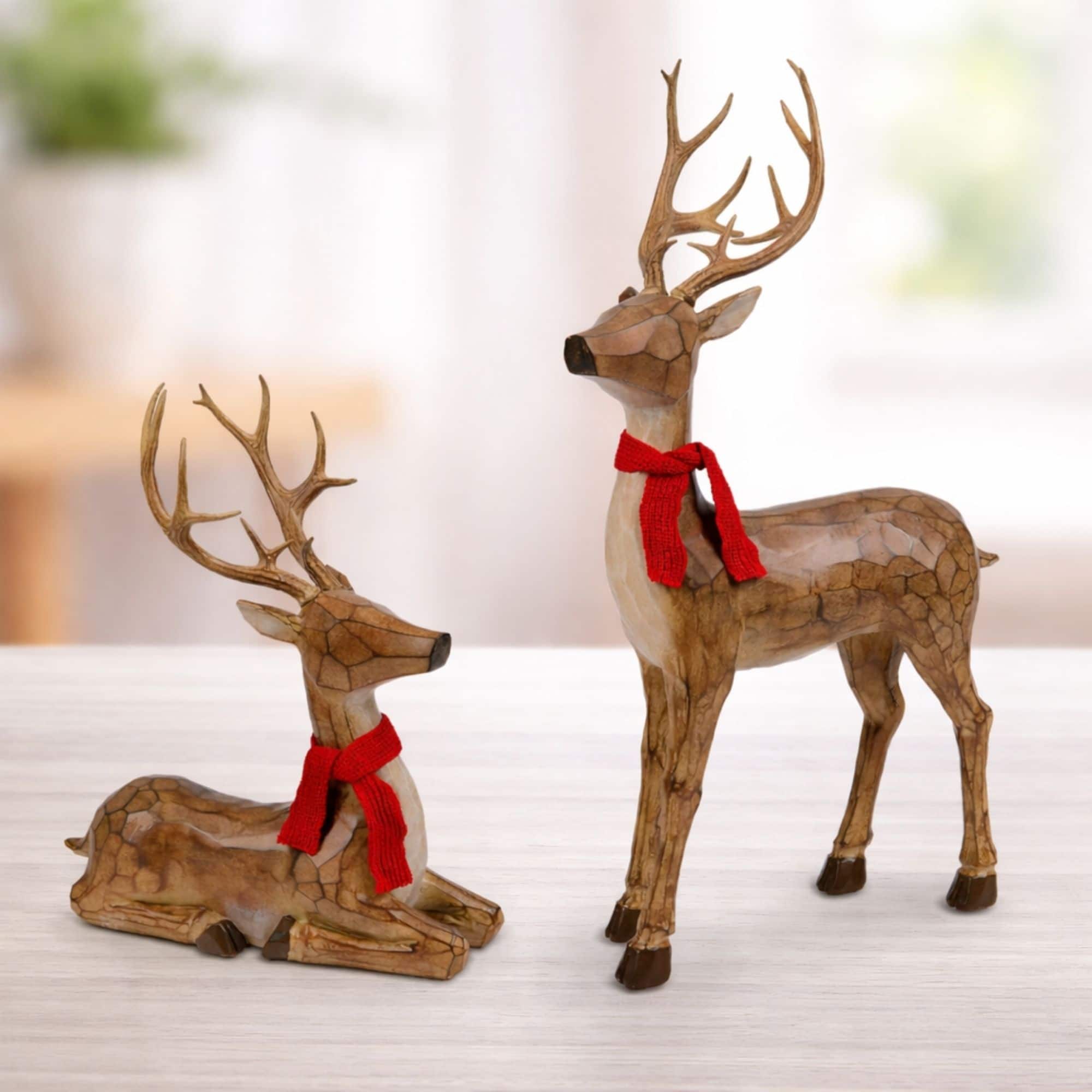 Melrose Carved Deer with Scarf Statue Set