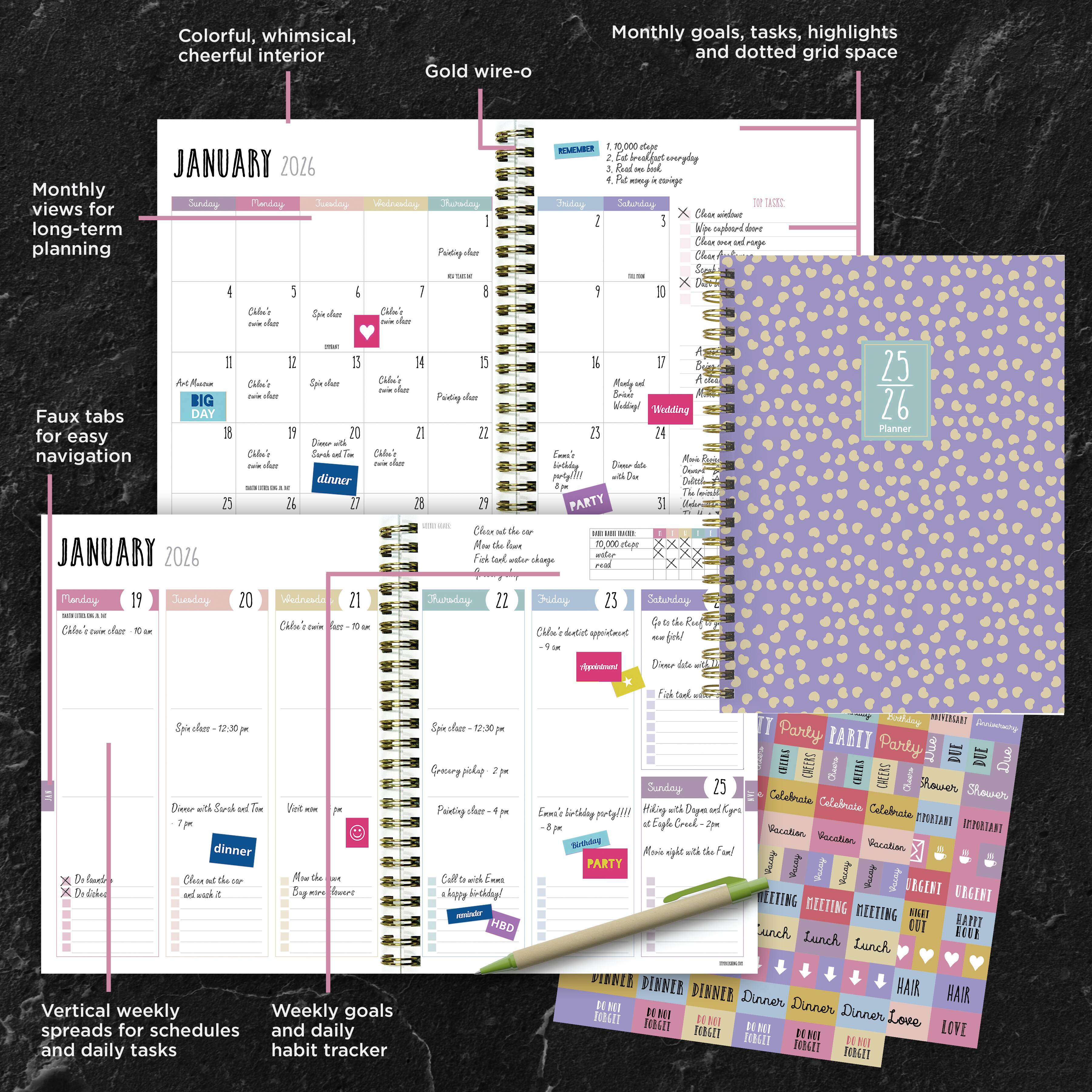 TF Publishing 2025-2026 Purple Polka Medium Weekly/Monthly Planner
