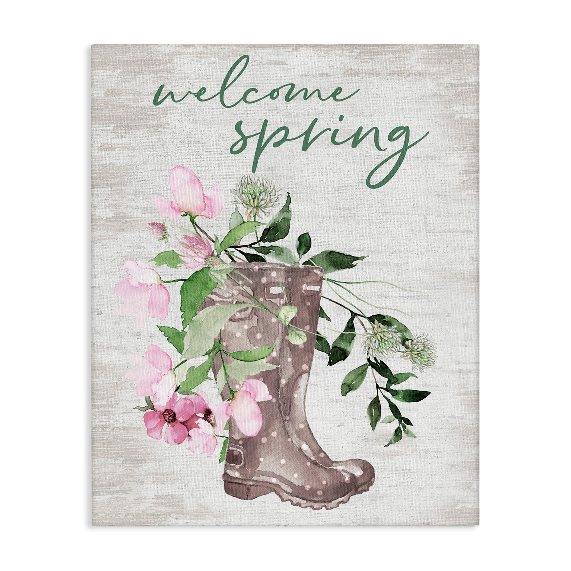 Stupell Industries Welcome Spring Seasonal Rain Boots Flower Arrangement Canvas Wall Art