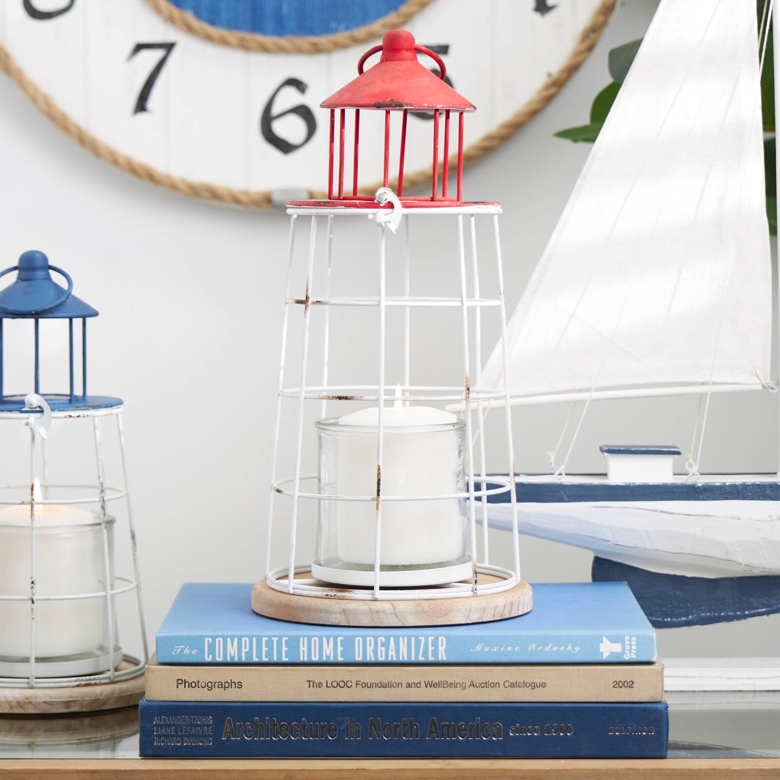 15" Red Metal Distressed Decorative Light House Candle Lantern
