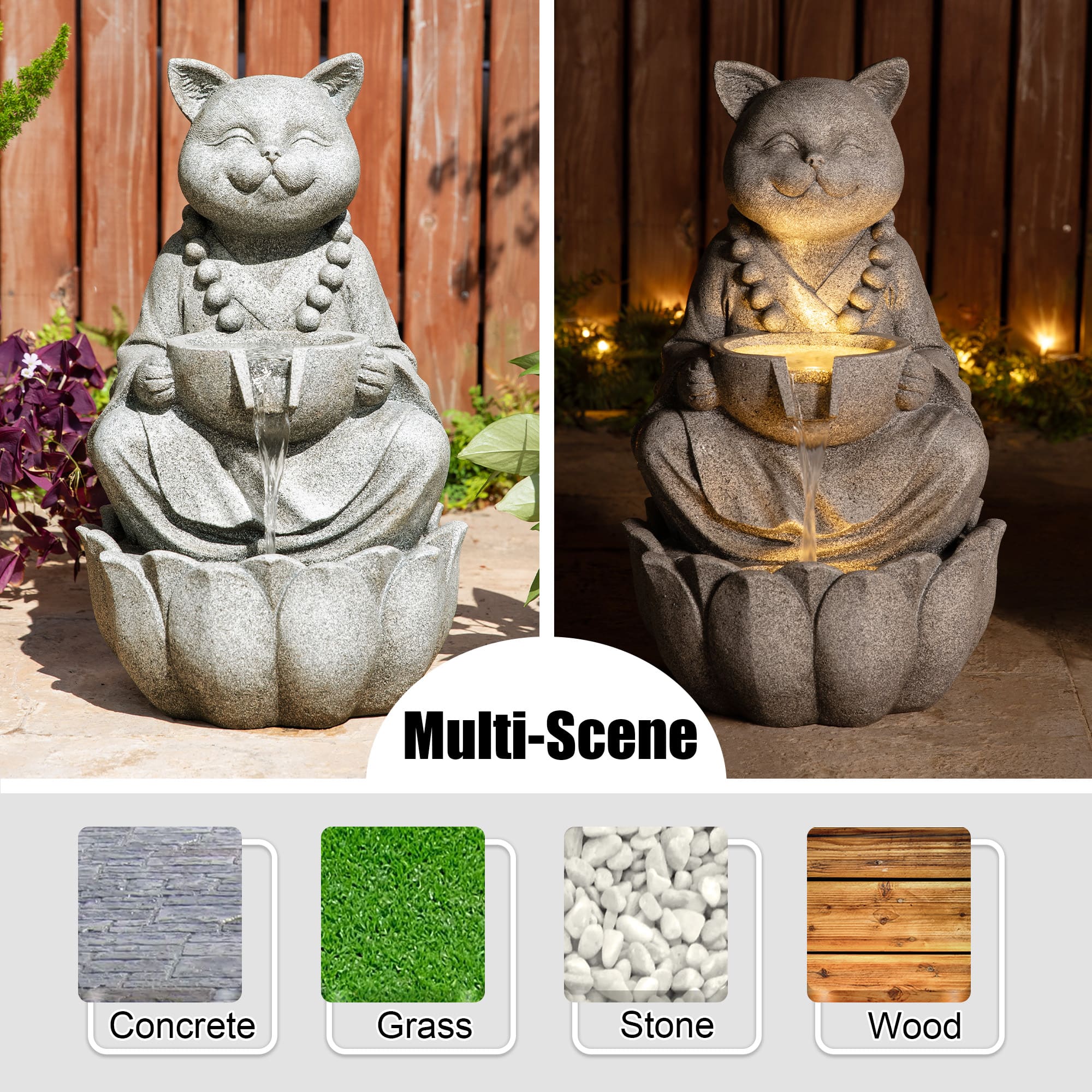 Glitzhome® 21.75" Zen-Style LED 2-Tier Concrete Cat Outdoor Fountain