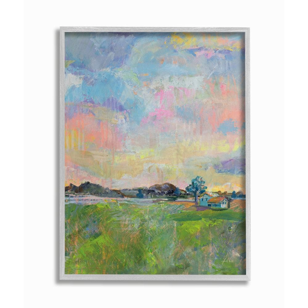 Stupell Industries Spring Meadow Sky with Field House Pastel Painting in Gray Frame Wall Art
