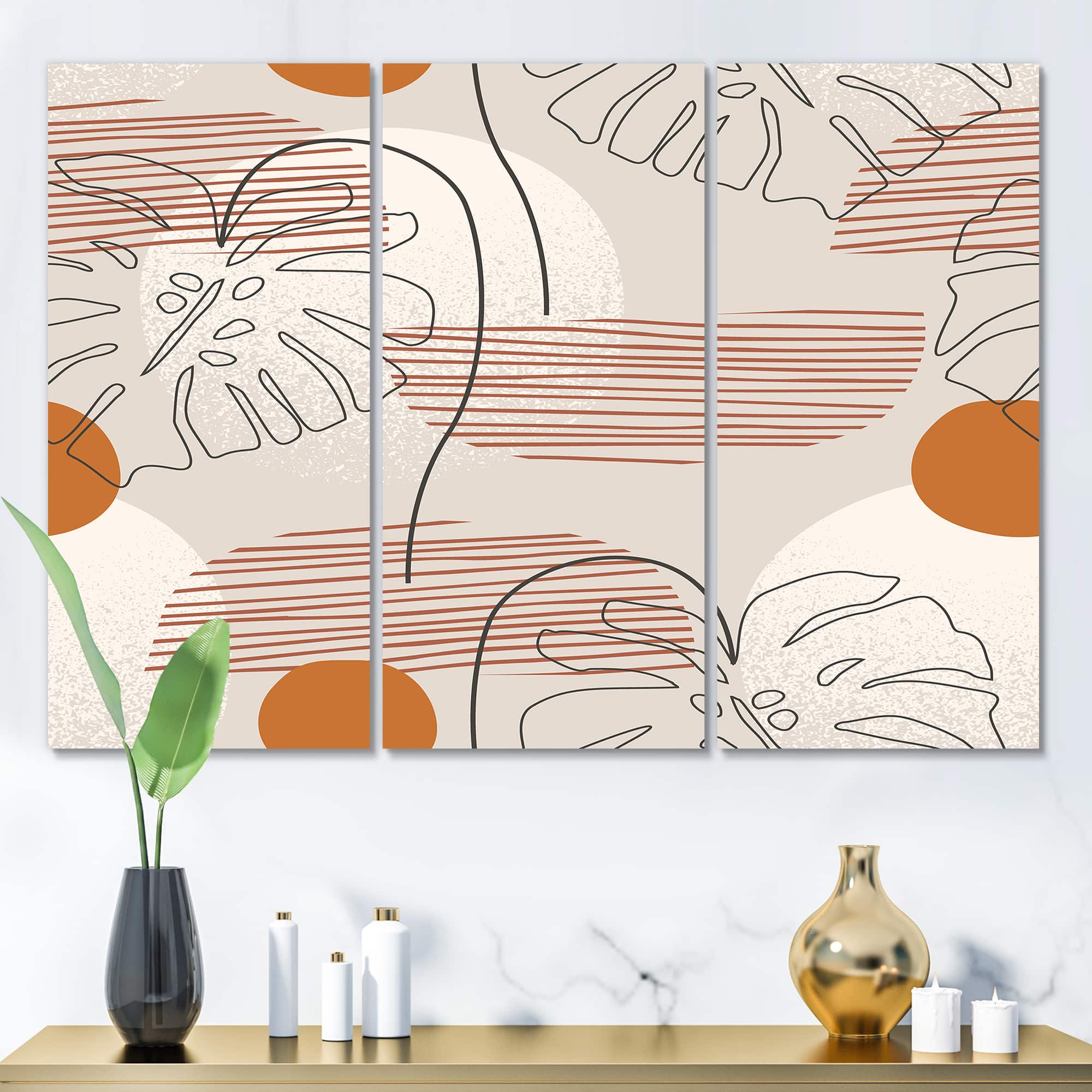 Designart - One Line Art Shapes & Abstract Monstera Leaf - Modern Canvas Wall Art Print