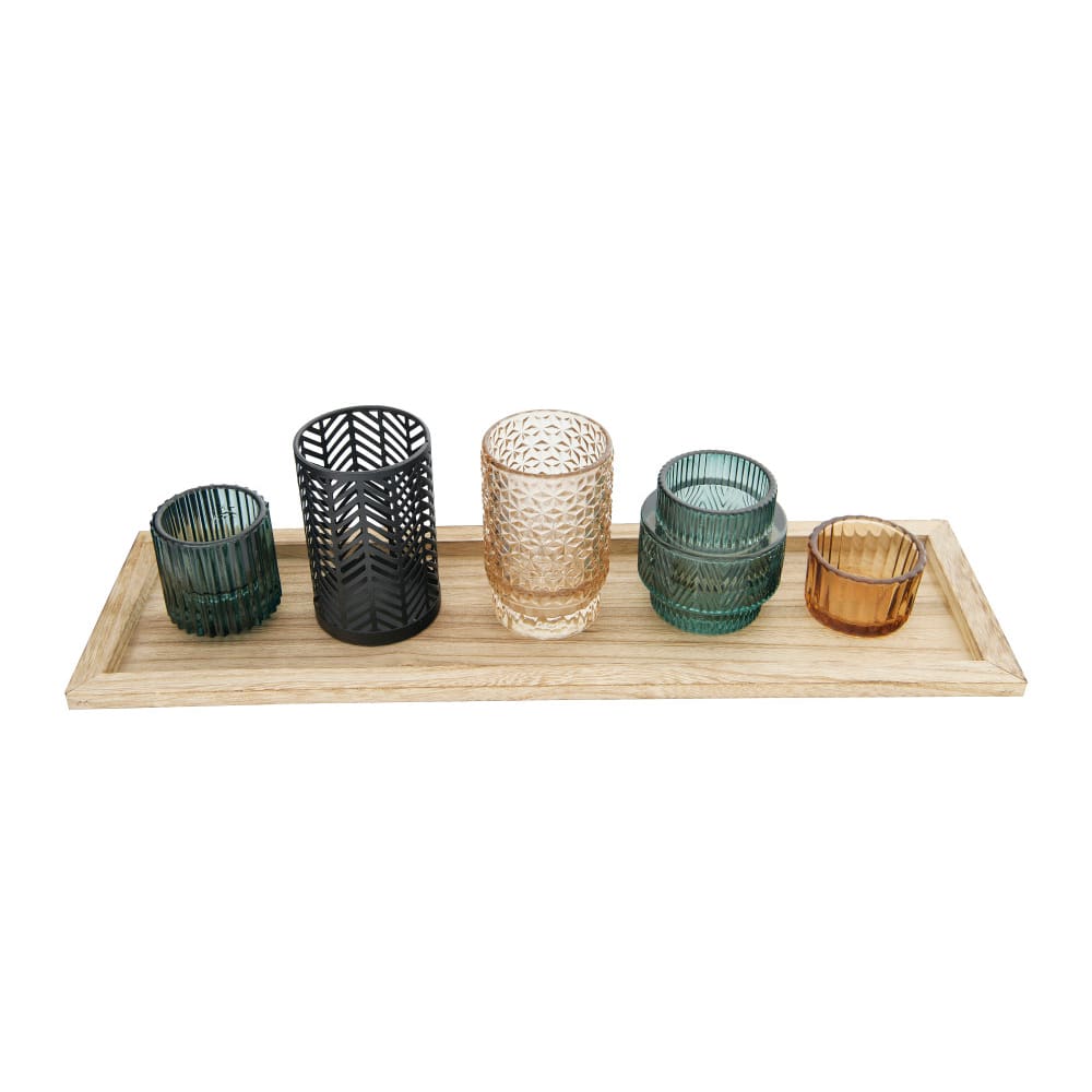 Hello Honey® Embossed Glass & Metal Tealight & Votive Holders On Rectangle Wood Tray Set, 6ct.