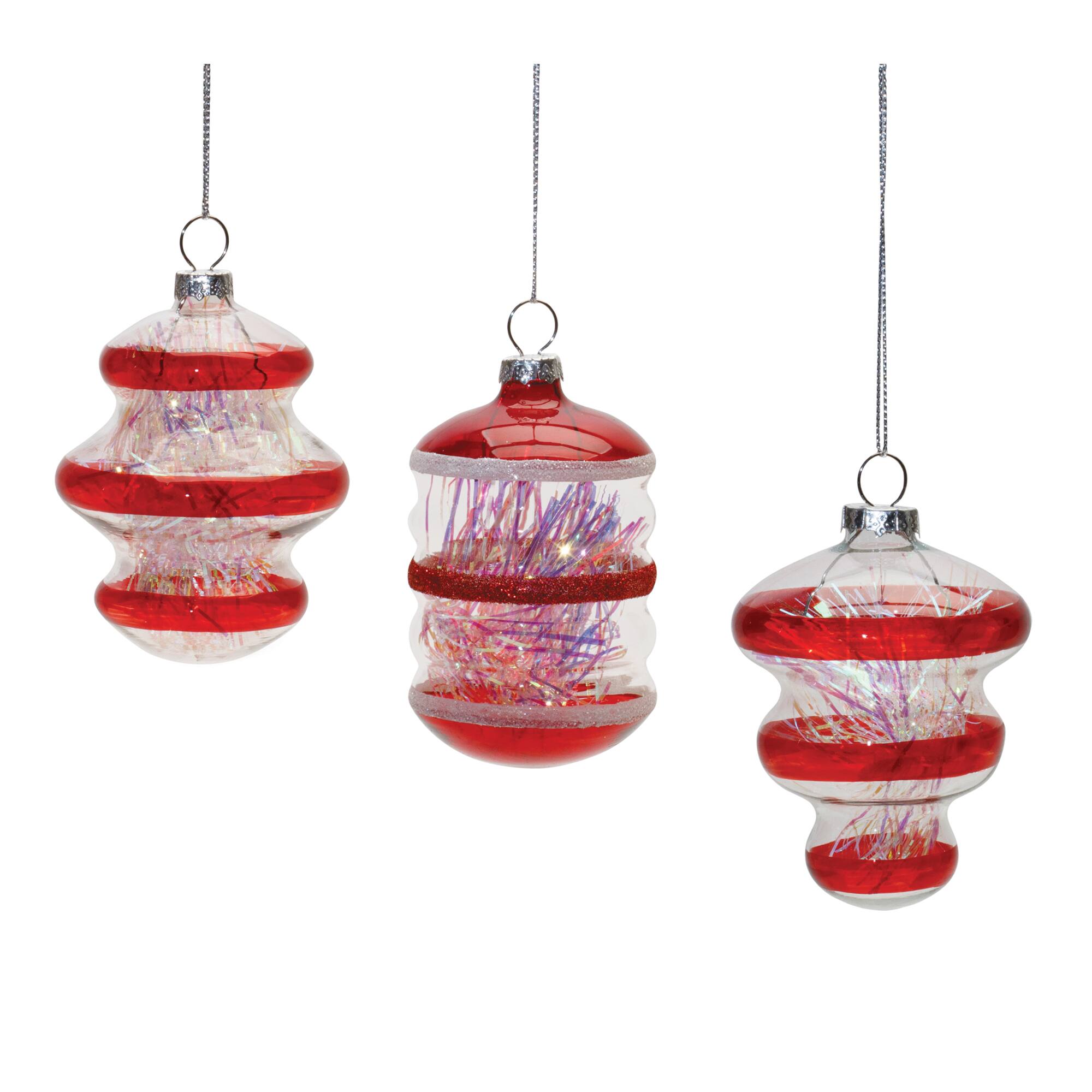 Red Finial with Tinsel Filling Glass Ornaments Set