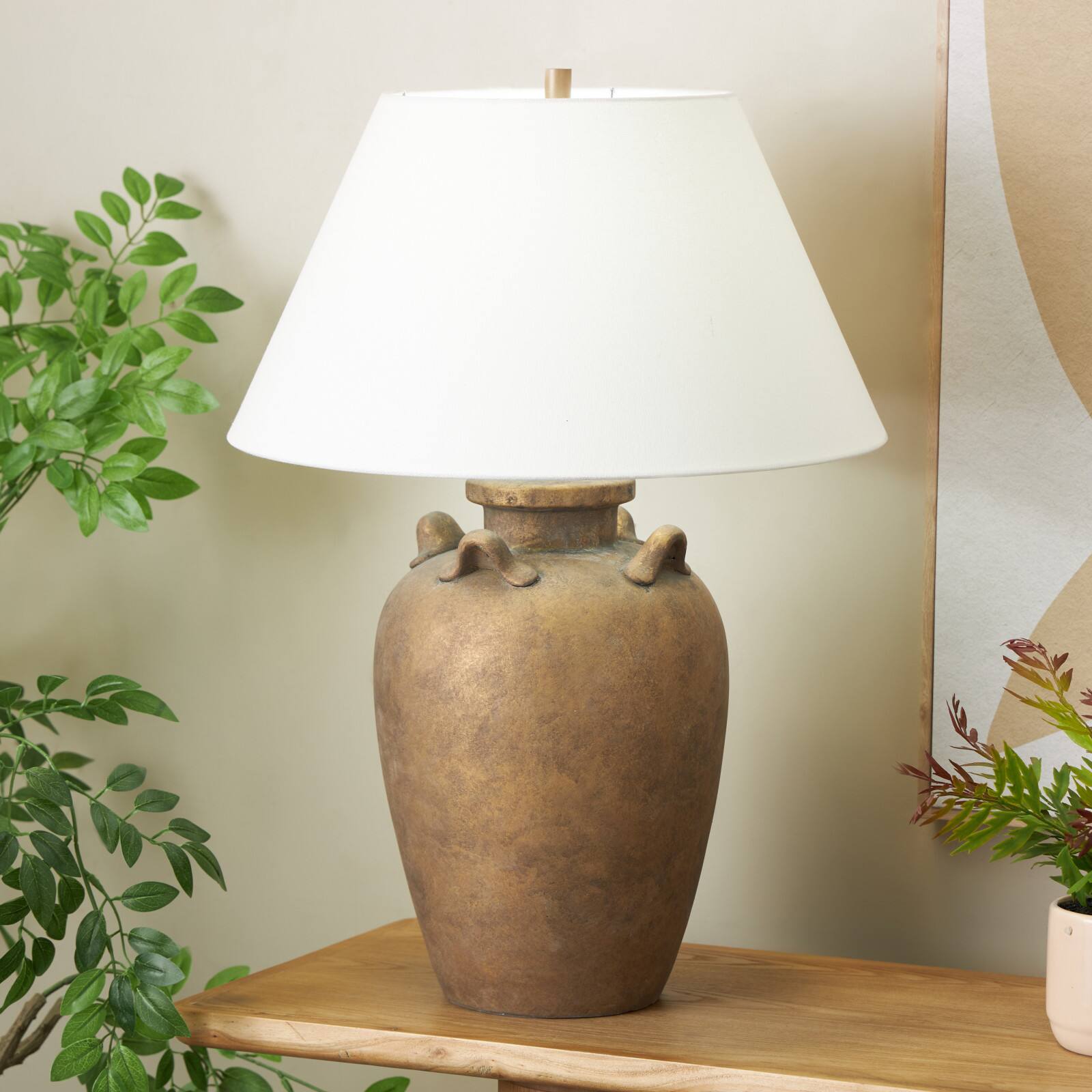 28" Brown Ceramic Distressed Antique Style Pot Table Lamp with Cream Linen Shade Vase