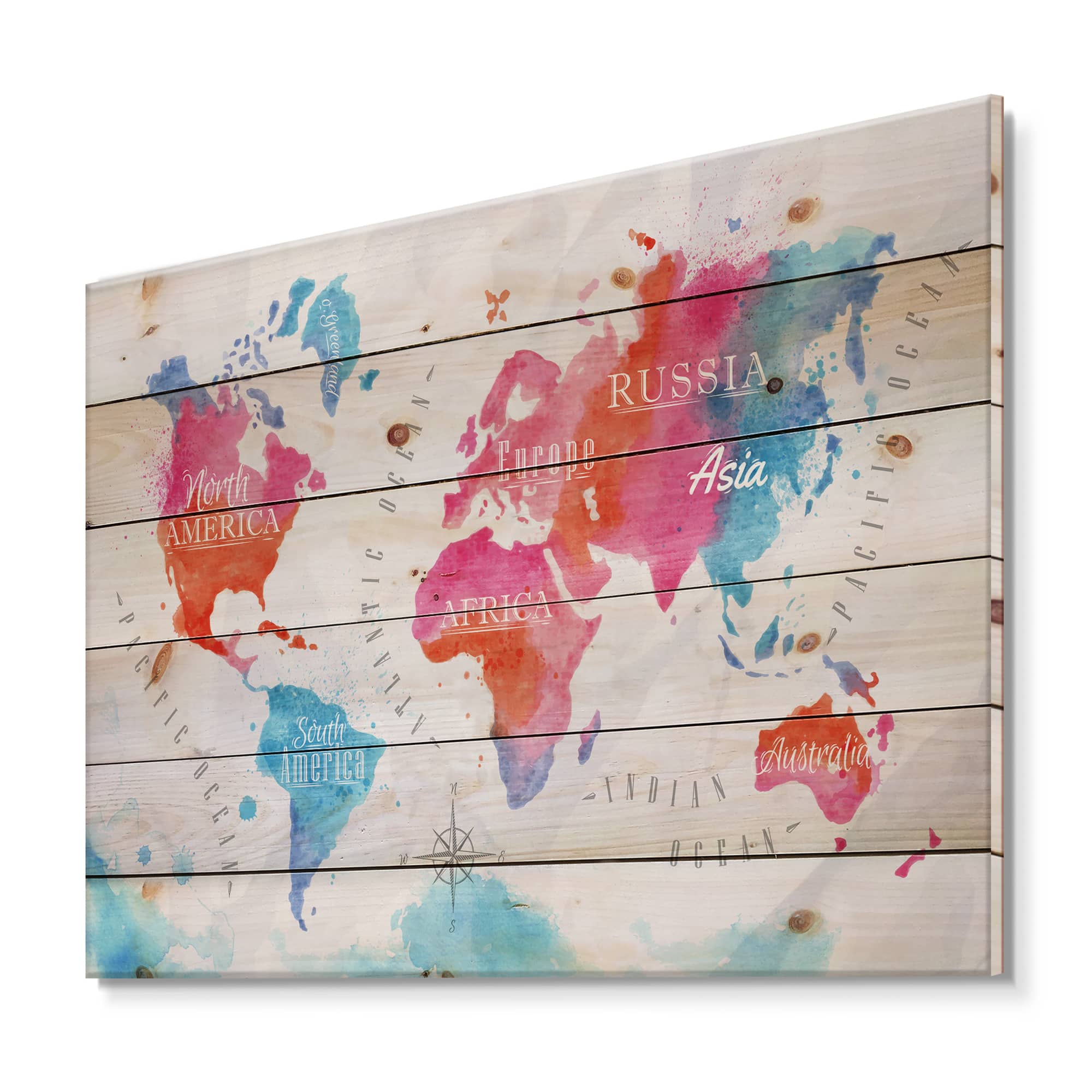 Designart - World Map In Pink and Blue - Modern Print on Natural Pine Wood