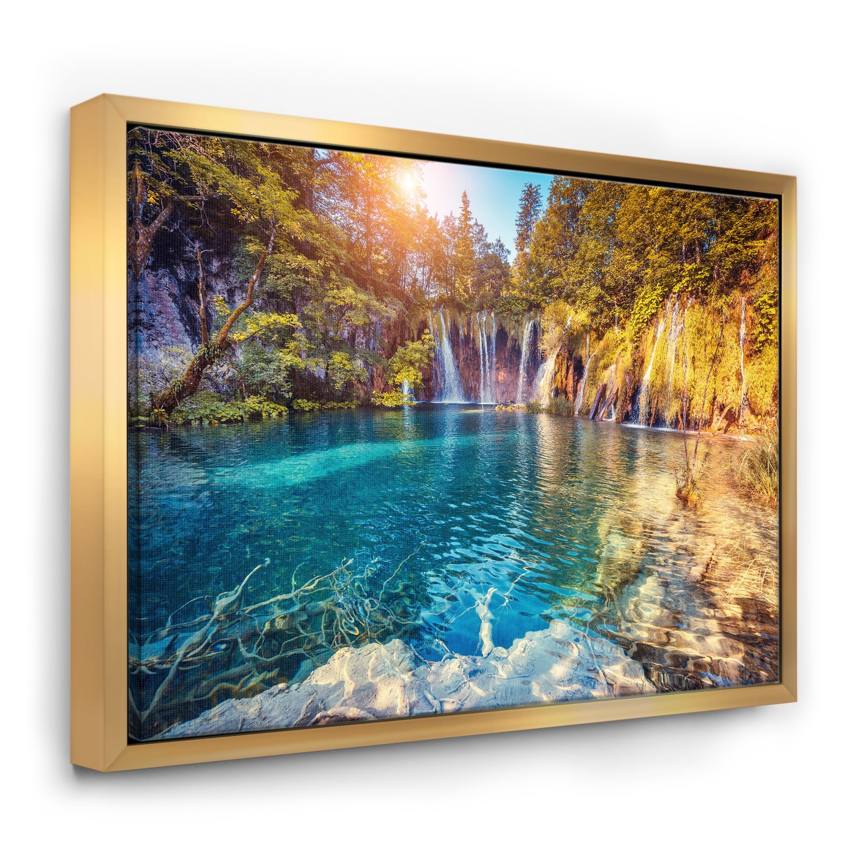 Designart - Turquoise Water and Sunny Beams - Landscape Photography Framed Canvas Print