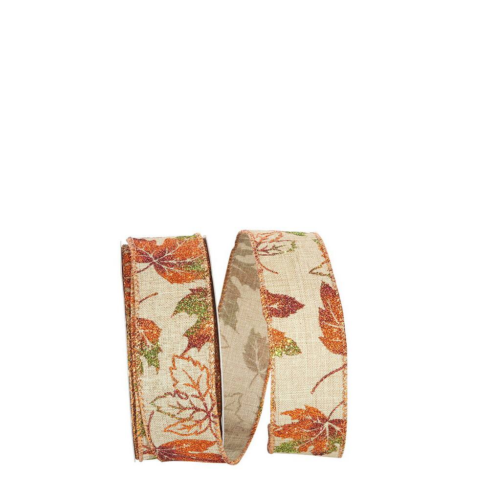 JAM Paper 1.5" x 20yd. Faux Linen Wired Glitter Leaves Ribbon