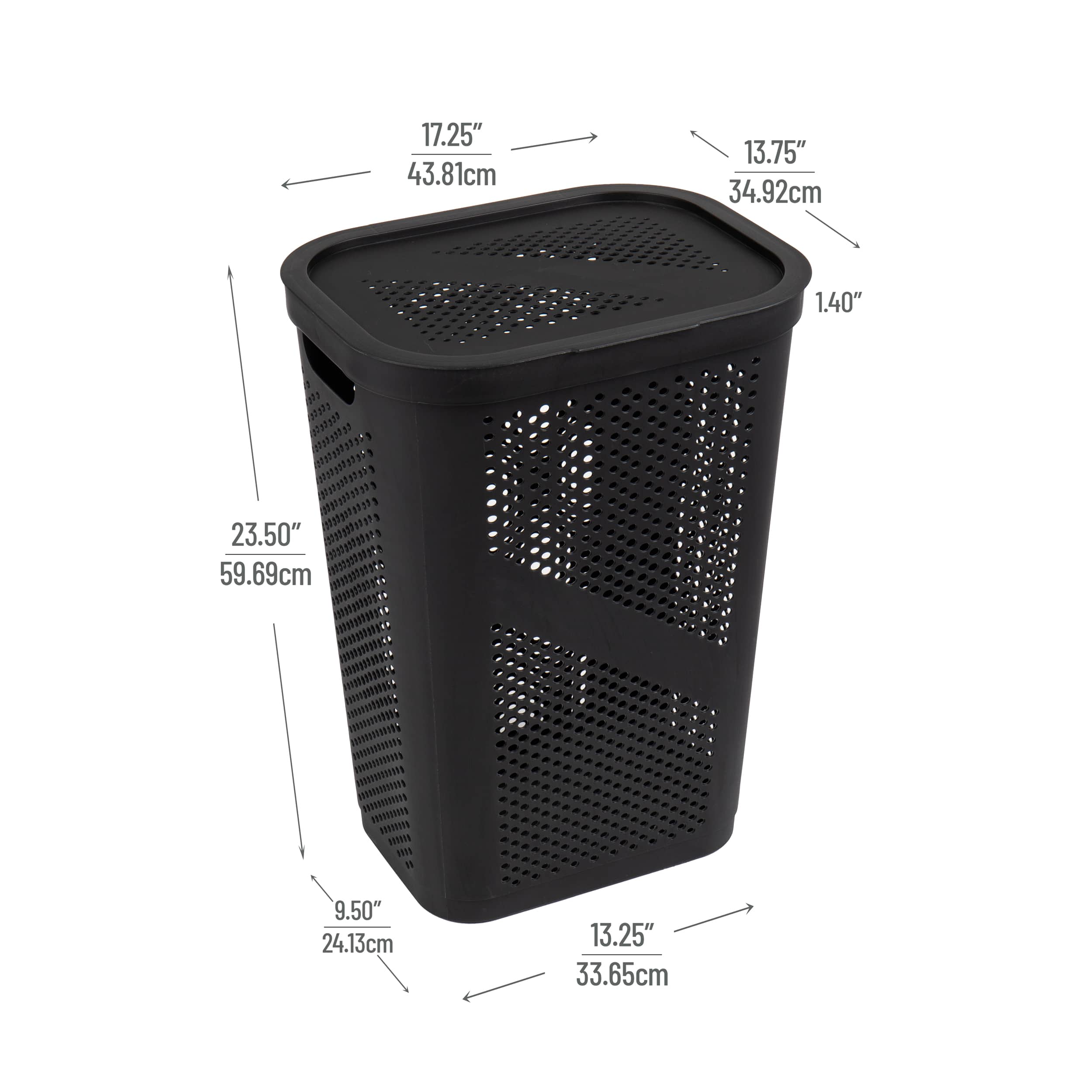 Mind Reader 60L Black Ventilated Slim Laundry Hamper with Cut Out Handles & Hinged Lid