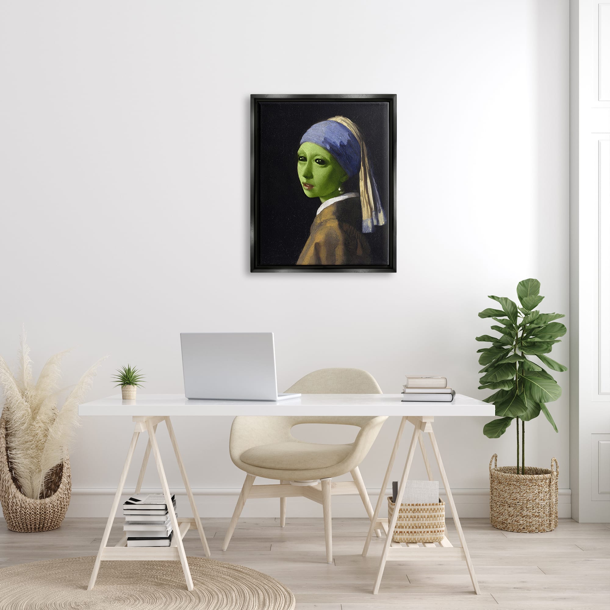 Stupell Industries Girl With Pearl Earring Alien Framed Floater Canvas Wall Art