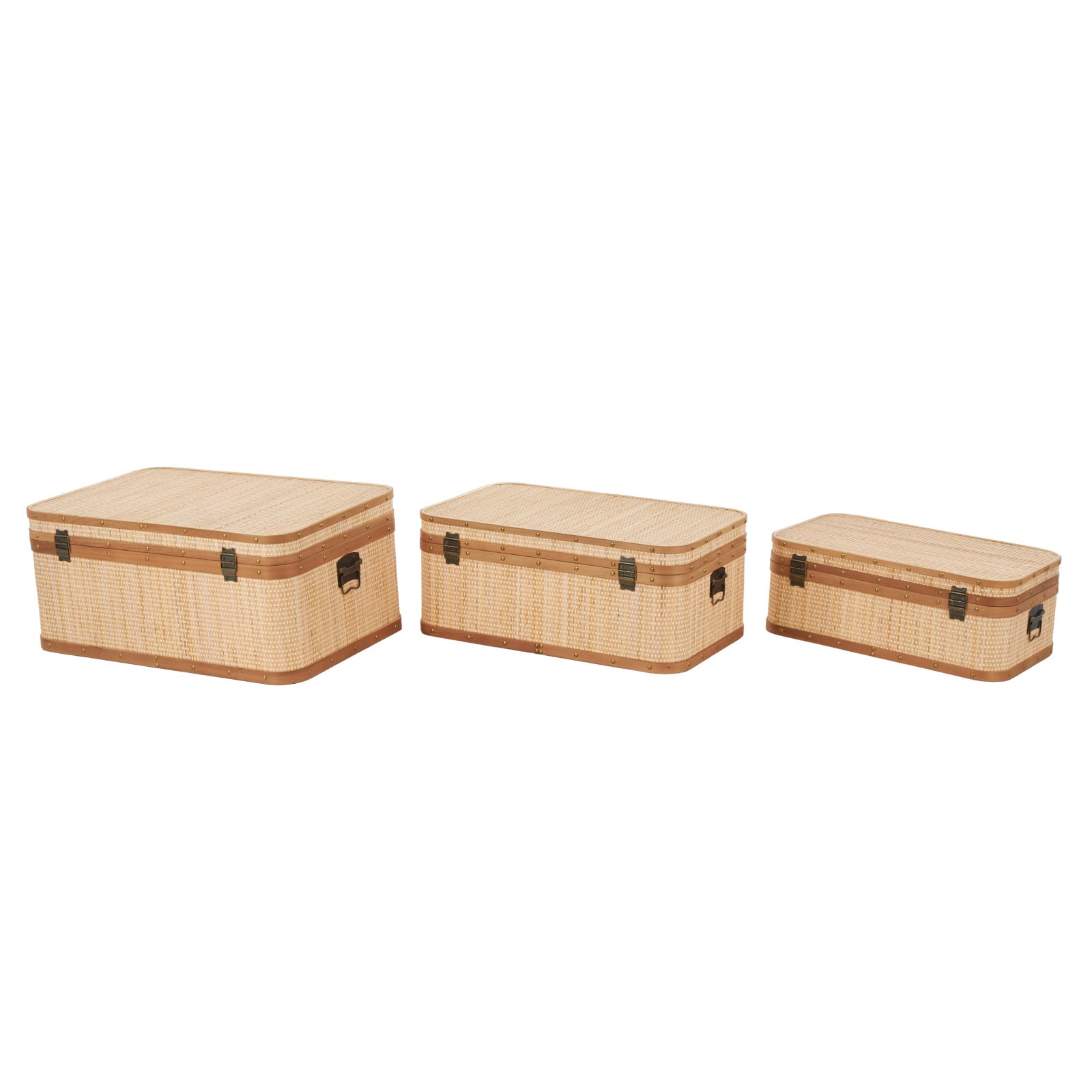 Light Brown Rattan Woven Decorative Trunk Set with Brass Metal Latches & Brown Wooden Accents