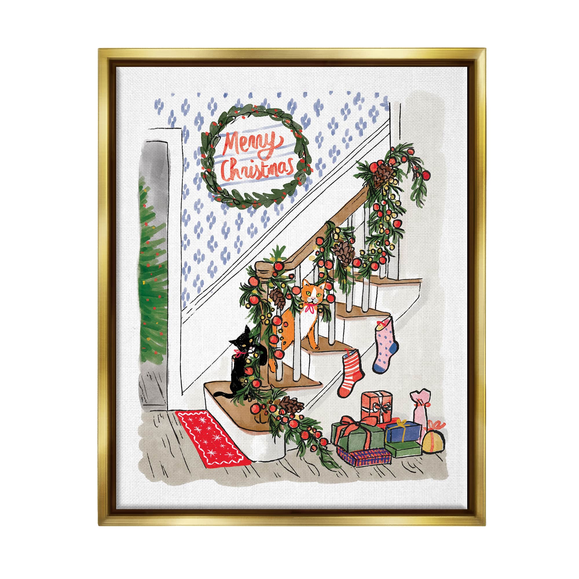 Stupell Industries Merry Christmas Holiday Stairway Framed Floater Canvas Wall Art