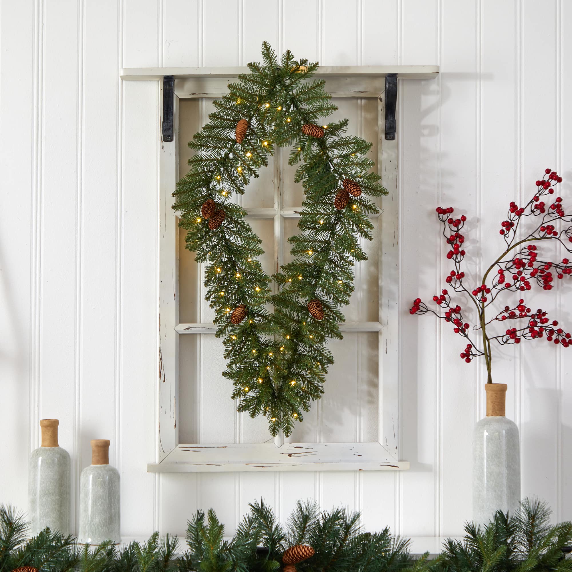 3ft. White LED Lights Holiday Geometric Christmas Diamond Wreath With Pinecones