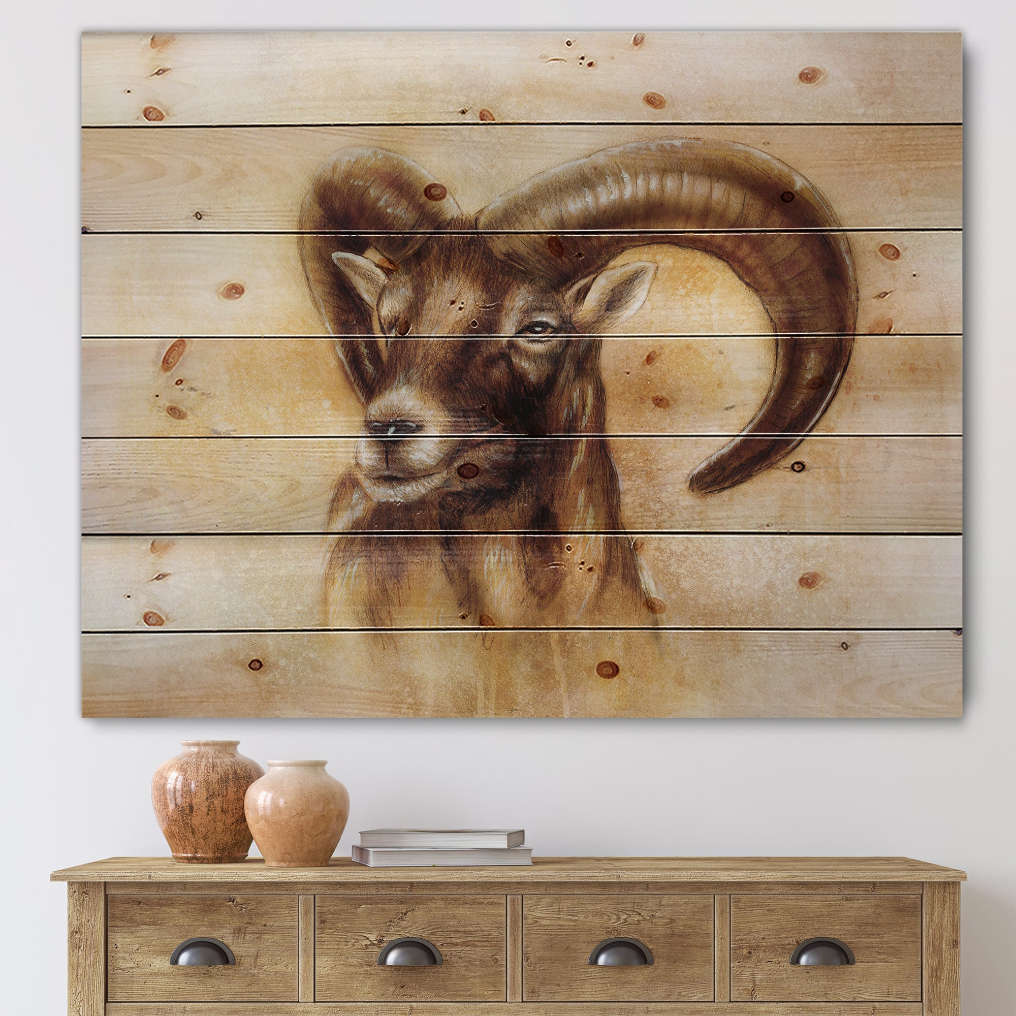 Designart - Portrait of Wild Ram With Mighty Horns I - Modern Print on Natural Pine Wood