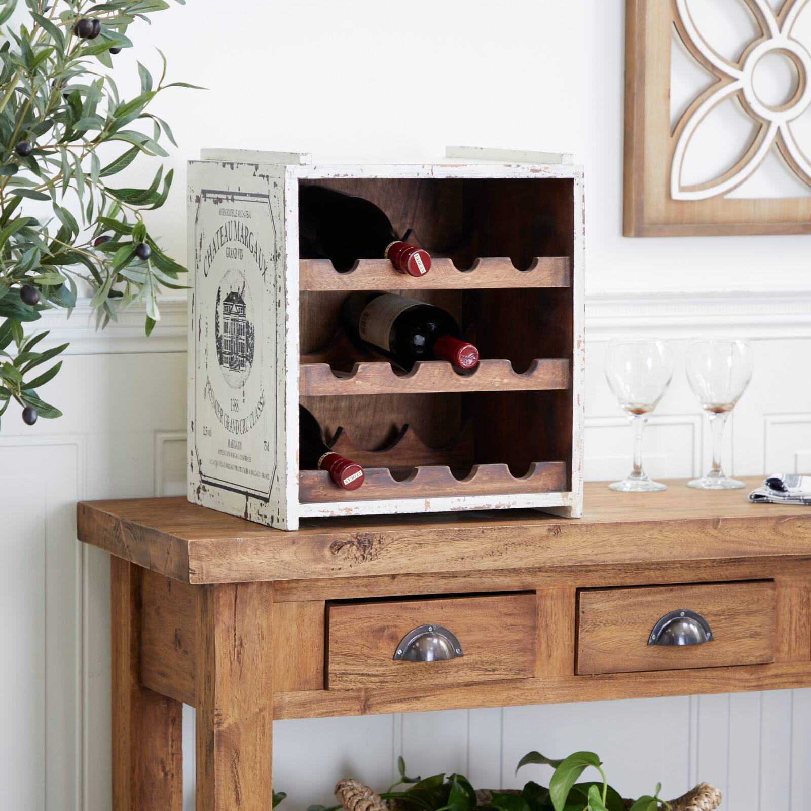 16" White Wood Farmhouse Wine Rack