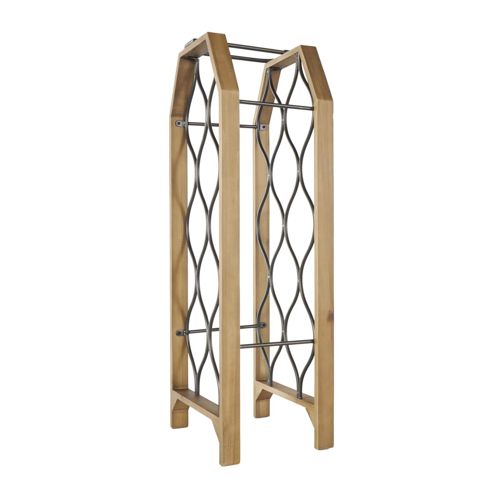 10" x 29" Brown Wood Tall 8 Slot Wine Rack with Gray Metal Curved Teardrop Holders