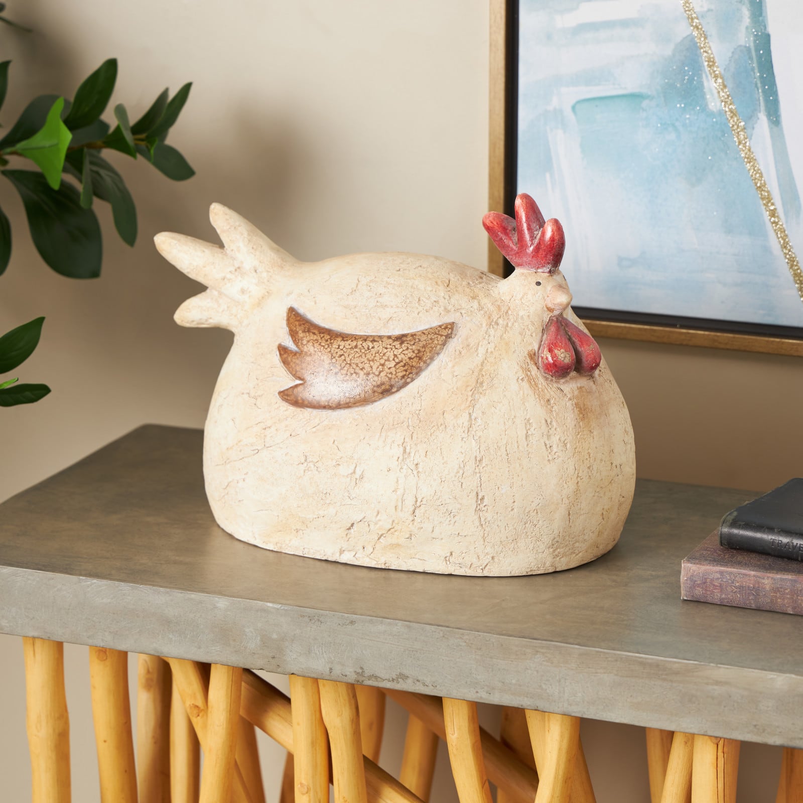 9.5" Cream & Red Magnesium Oxide Rooster Sitting Garden Sculpture