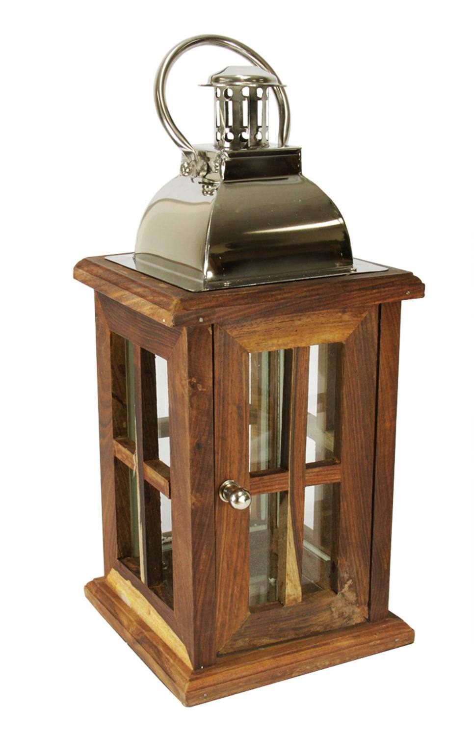 18" Modern Sheesham Wood Candle Lantern with Metal Handle