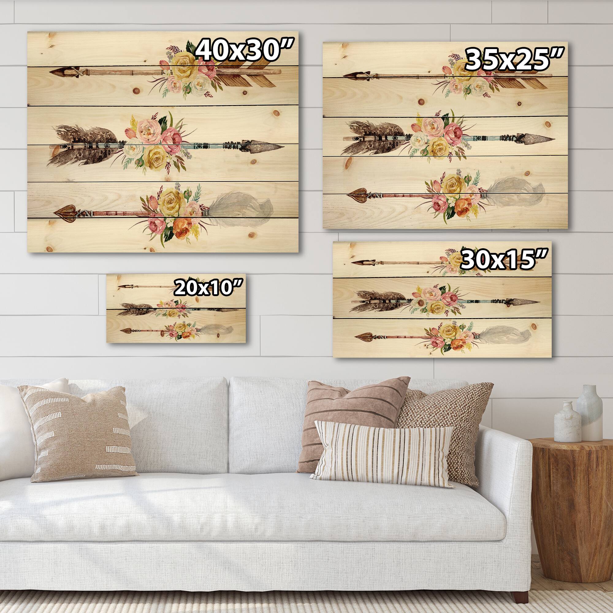 Designart - Ethnic Feathers and Flowers On Native Arrows II - Bohemian & Eclectic Print on Natural Pine Wood