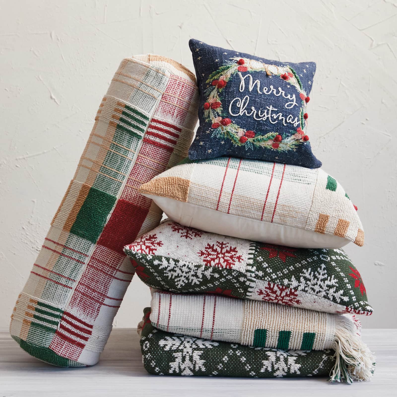 Hello Honey® 18" Red, Green & Gold Plaid Textured Woven Throw Pillow