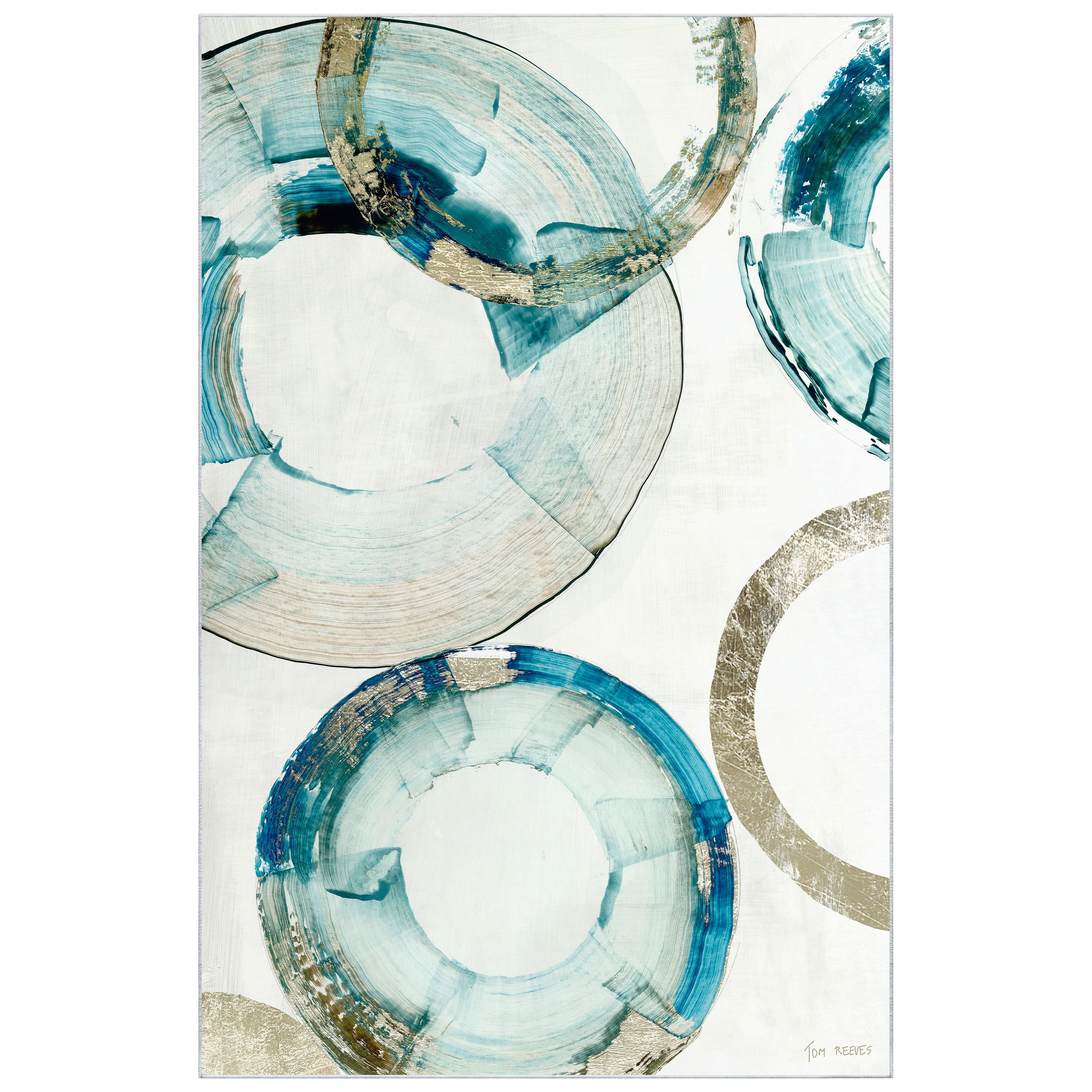 Empire Art Direct 5ft. x 7.5ft. Blue & Gold Rings Area I Tapis D'Art Washable Geometric Area Rug