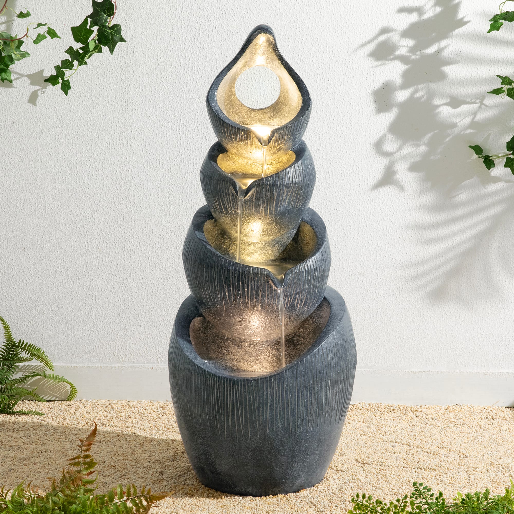 Glitzhome® 34" Zen-Style LED 4-Tier Alms Bowl Outdoor Fountain