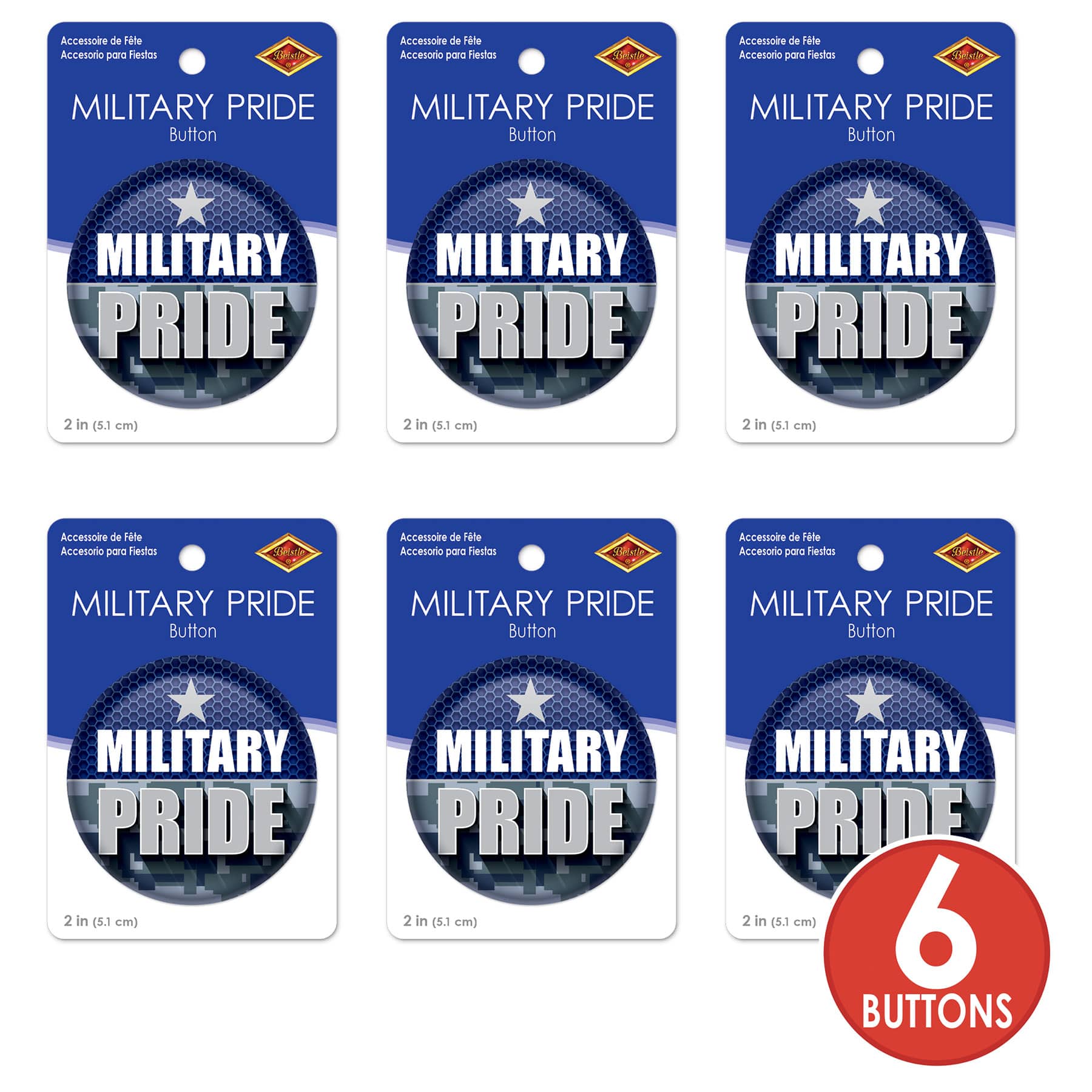 Beistle 2" Blue Camouflage Military Pride Buttons, 6ct.