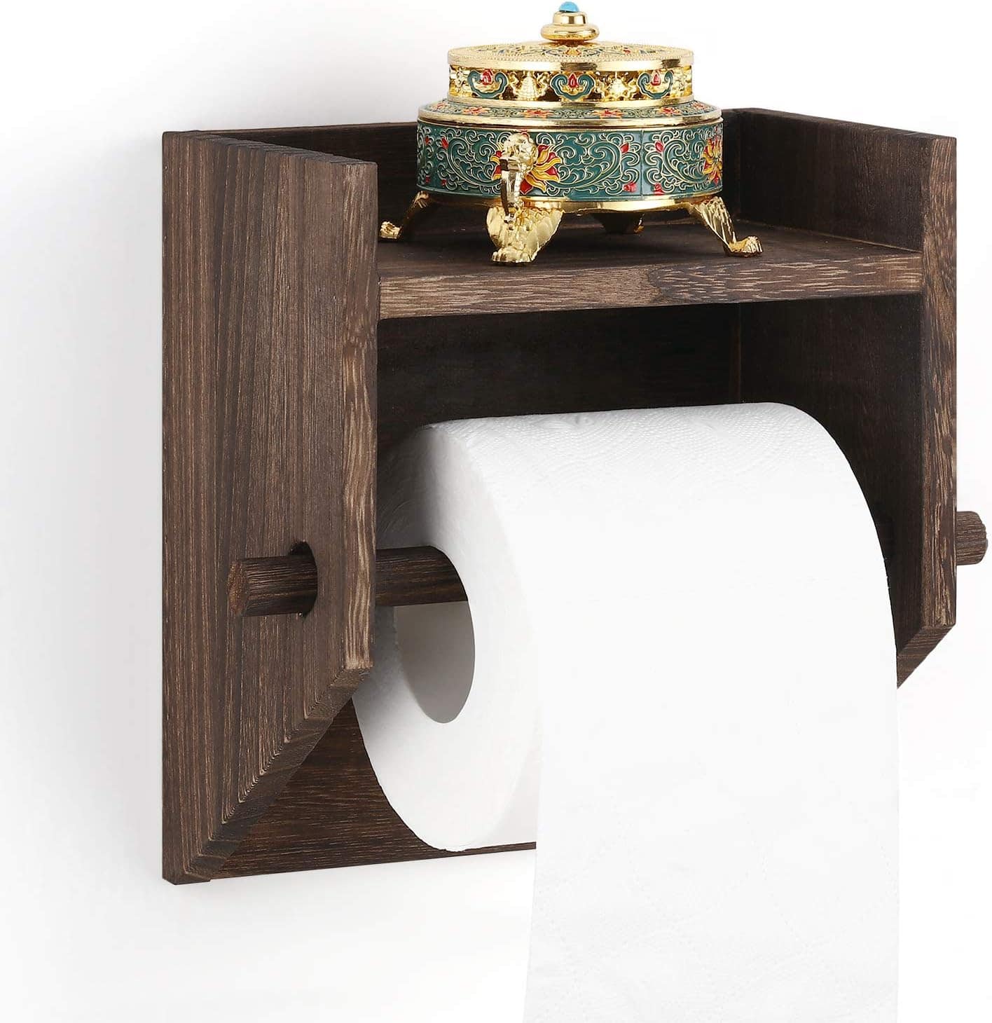 Rustic Brown Wood Toilet Paper Holder Wall Mount with Shelf