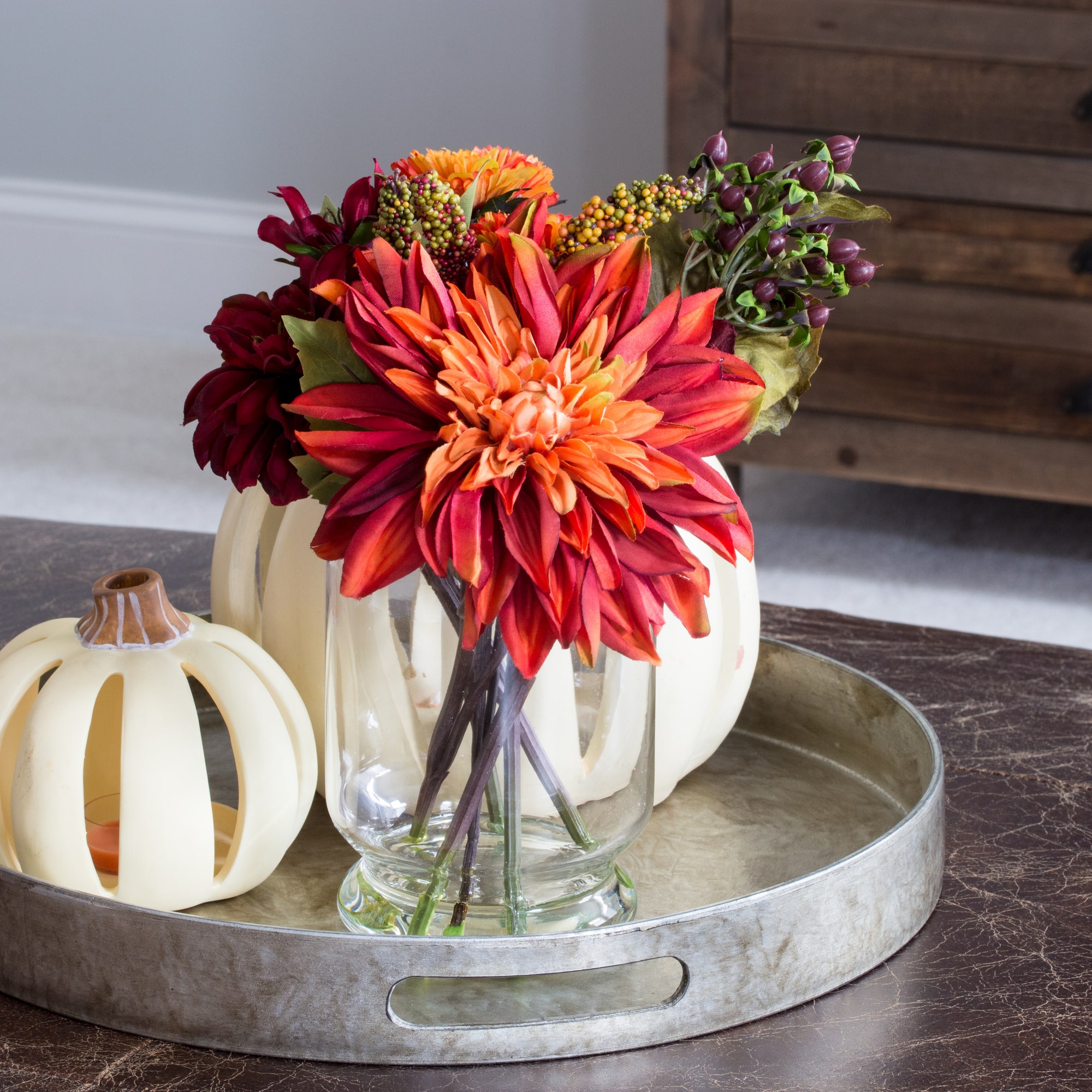 12" Dahlia & Mum Arrangement with Glass Vase 