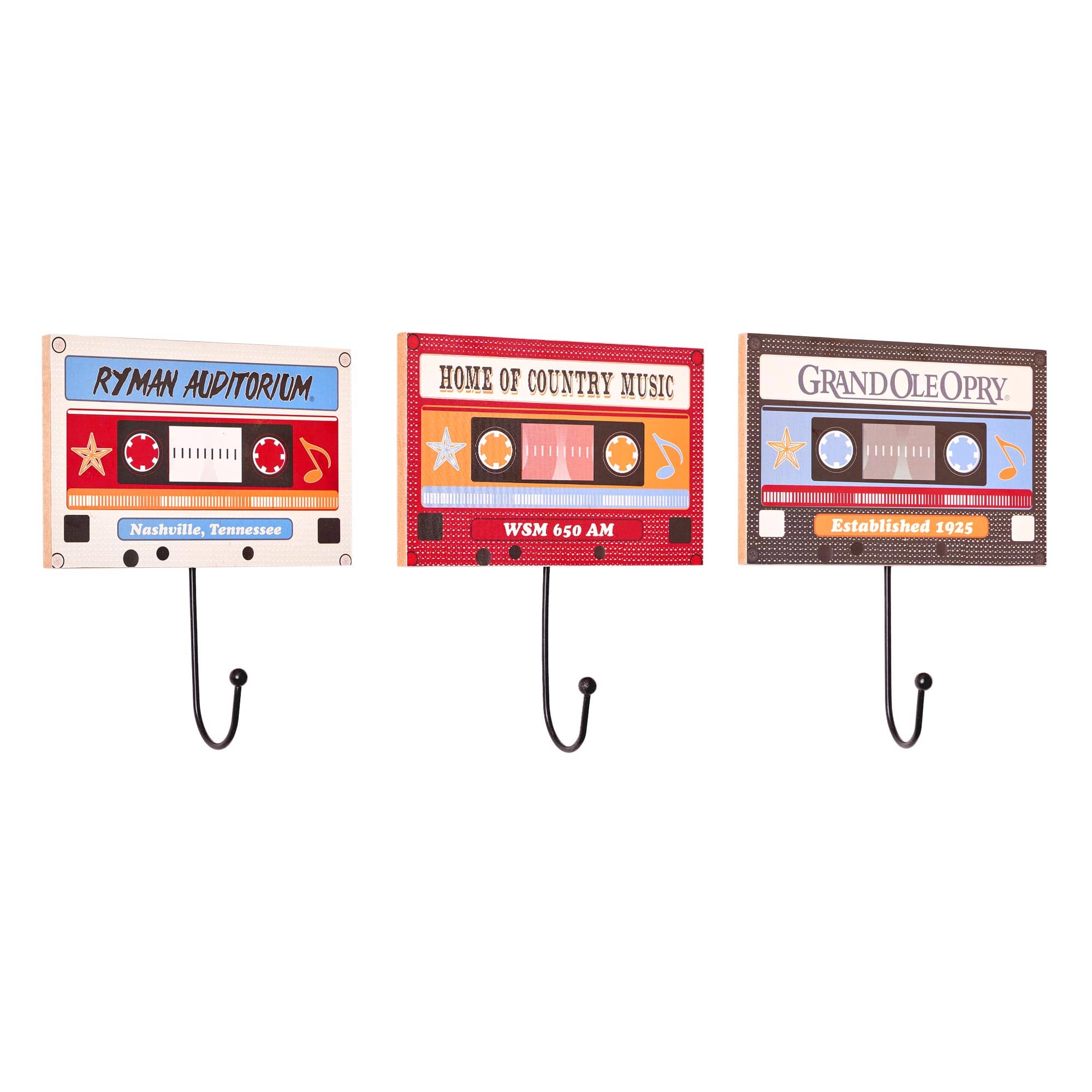 American Art Decor Grand Ole Opry Wooden Cassette Tape Wall Hook Set of 3 - 4" H x 6" L