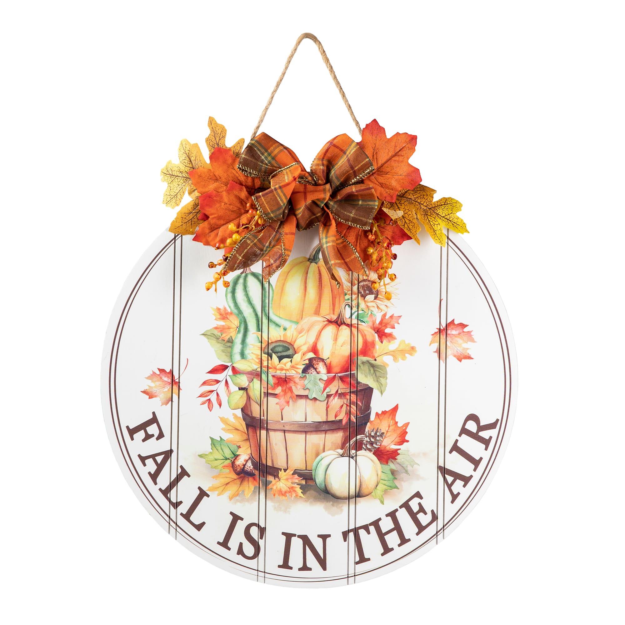 Glitzhome® 15" Fall Wood Round Word Sign Door Hanger