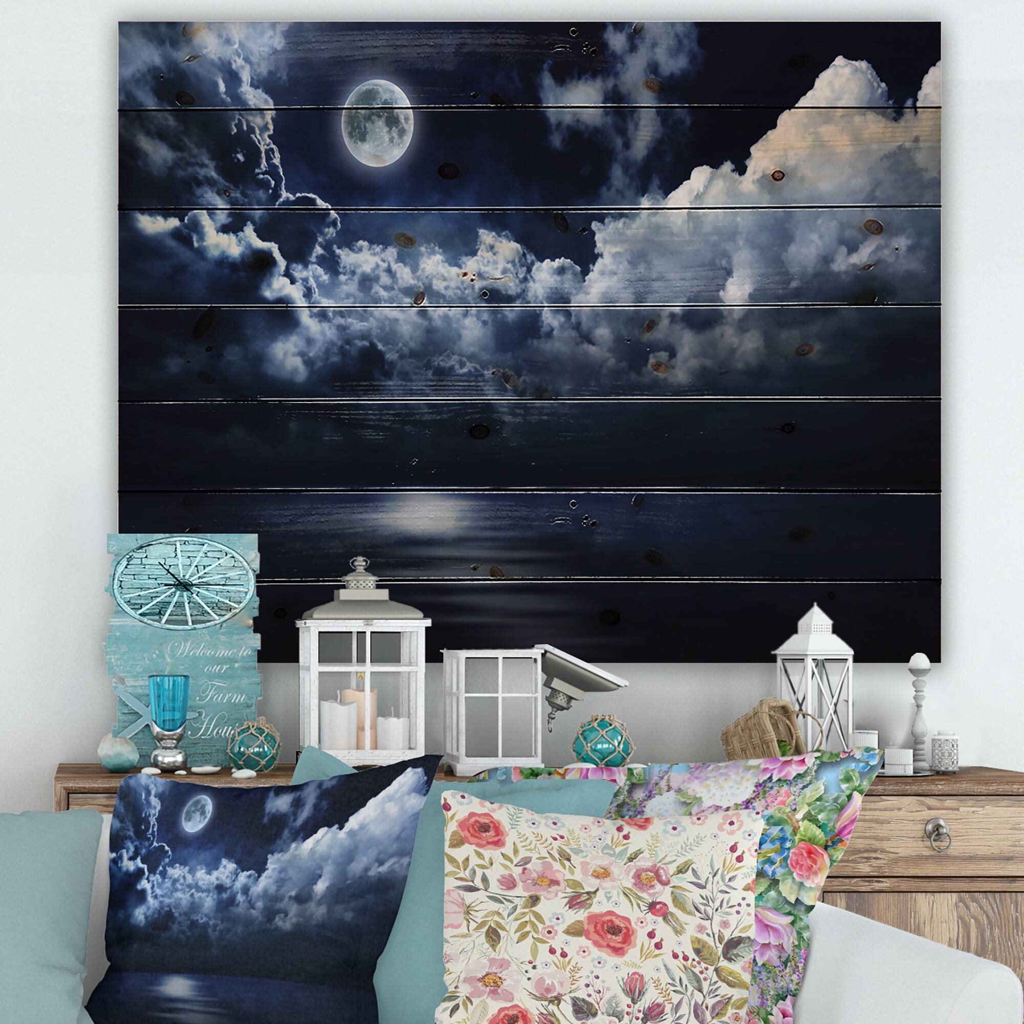Designart - Full Moon in Cloudy Night Sky - Modern Print on Natural Pine Wood