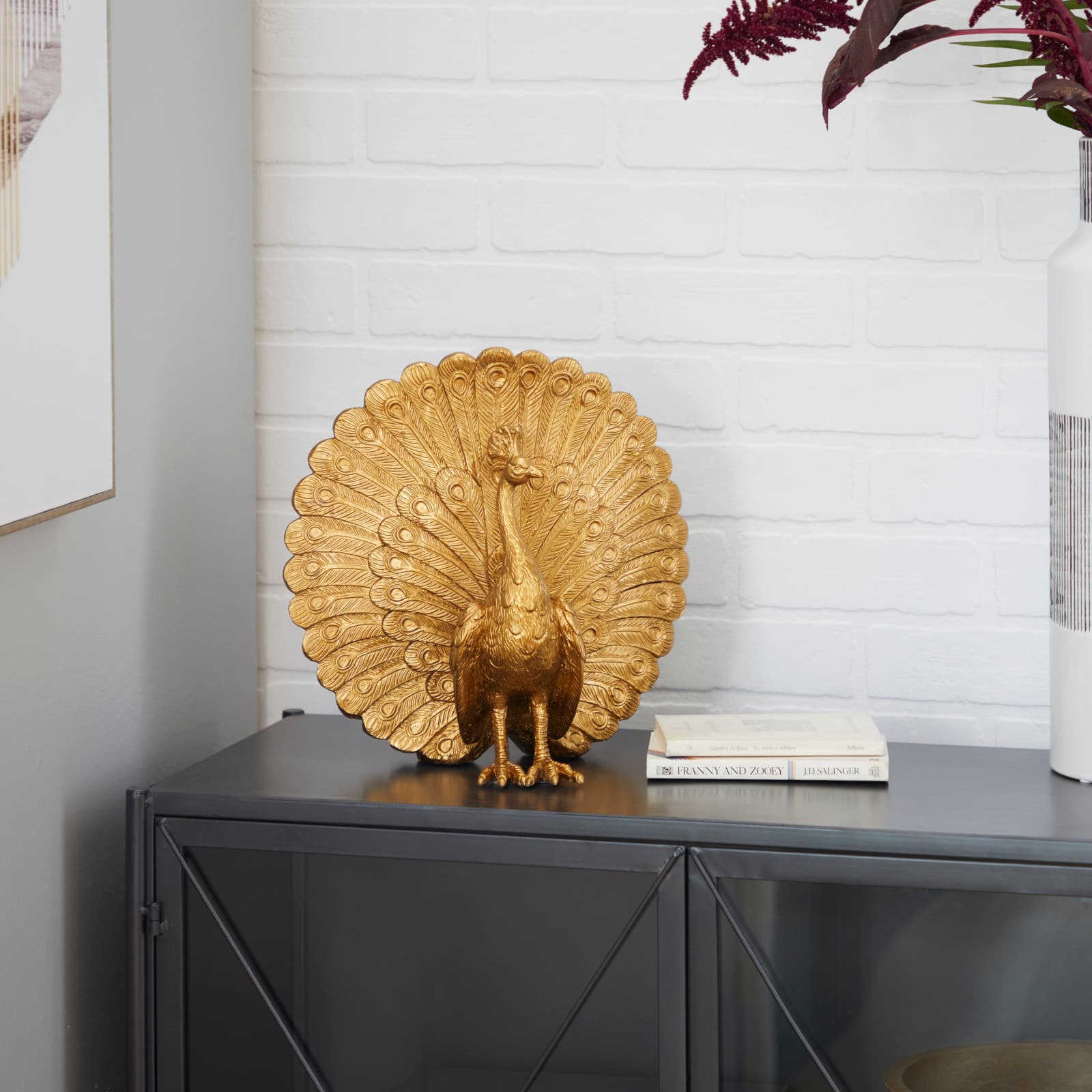 Gold Polystone Glam Peacock Sculpture, 12" x 12" x 5"