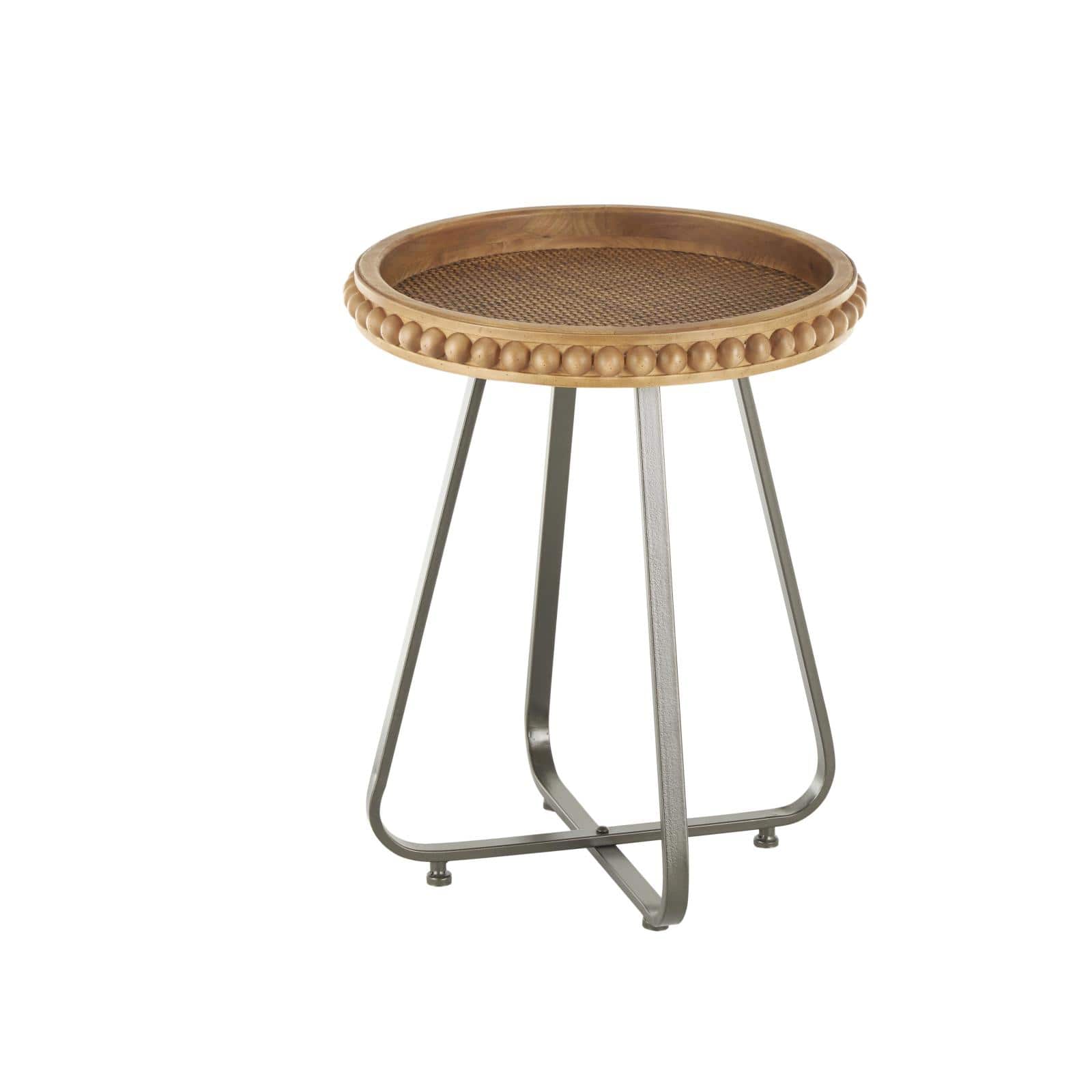 20.5" Brown Wood Beaded Accent Table with Rounded Gray Metal Base & Rattan Accent