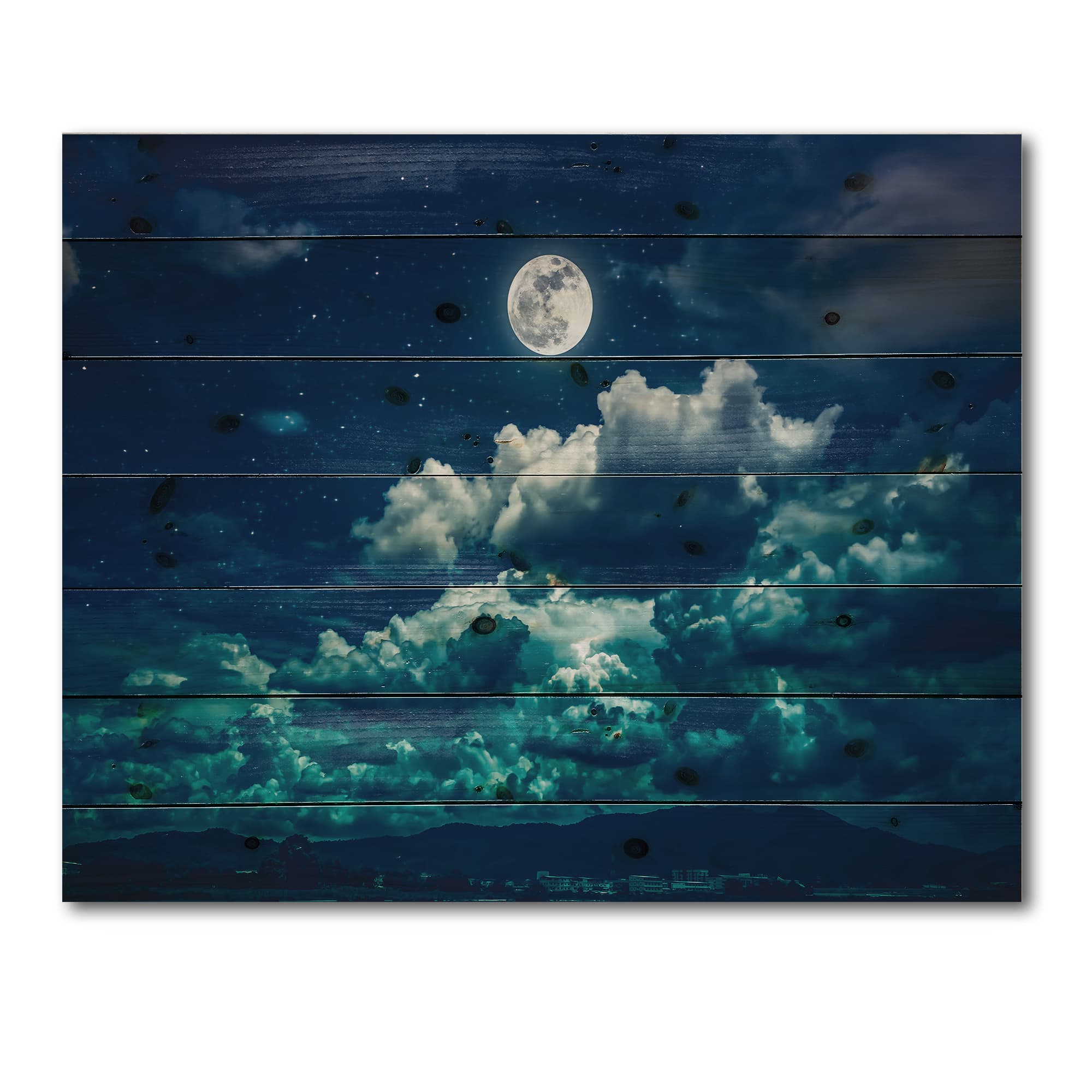 Designart - Full Moon In Cloudy Night Sky II - Nautical & Coastal Print on Natural Pine Wood