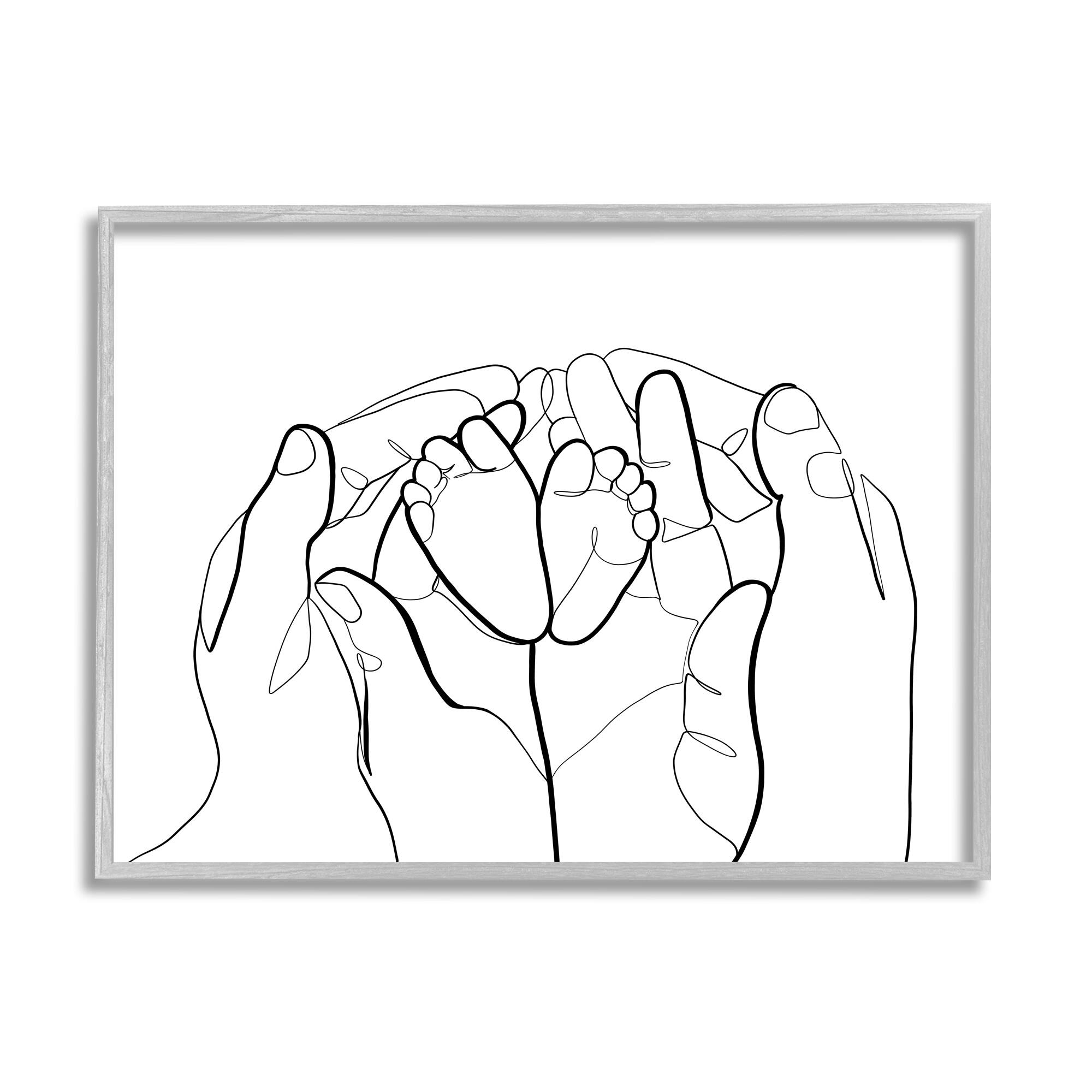 Stupell Industries Family Hands Holding Baby Feet Minimal Modern Linework in Gray Frame Wall Art