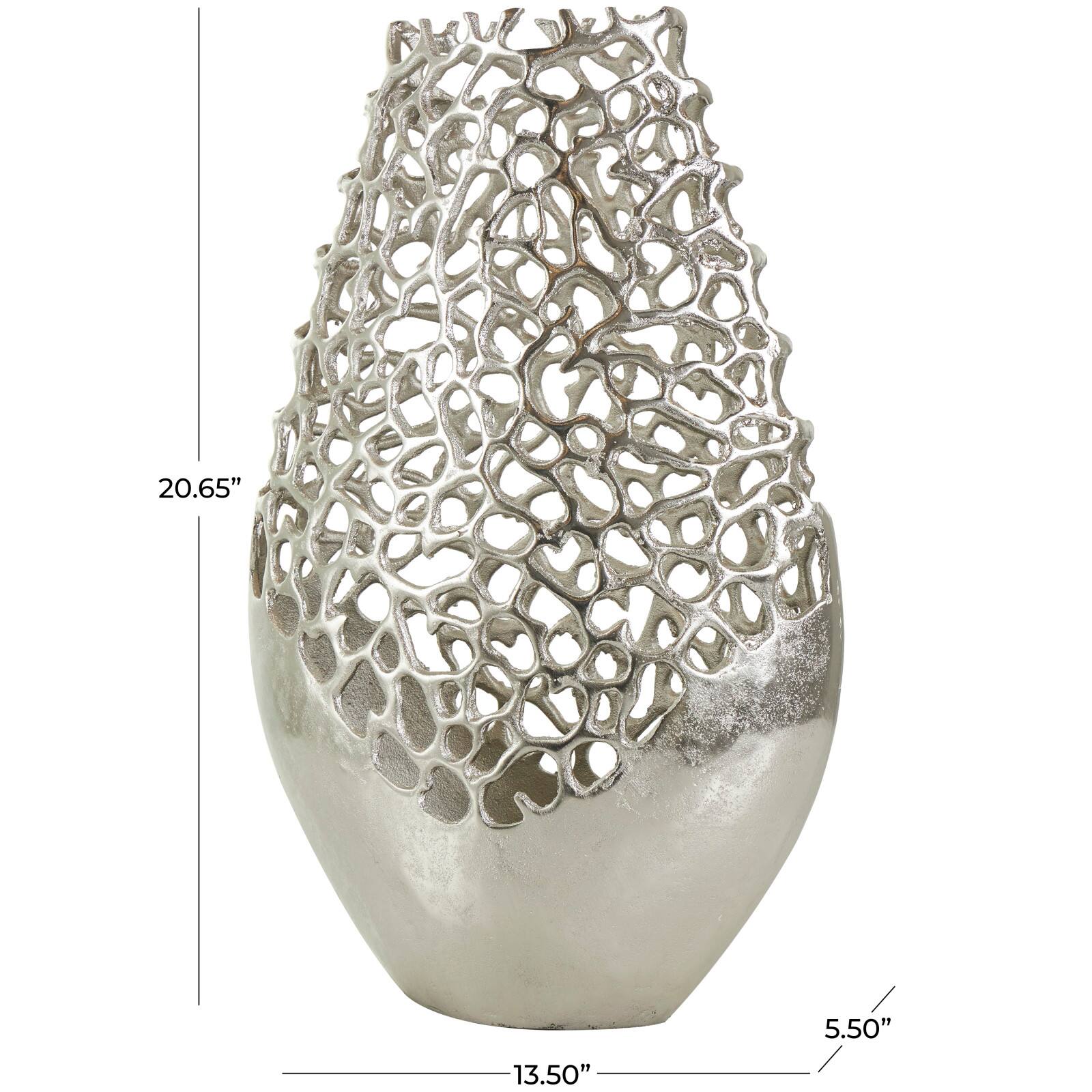 21" Silver Aluminum Metal Rounded Vase with Freeform Open Lattice Work