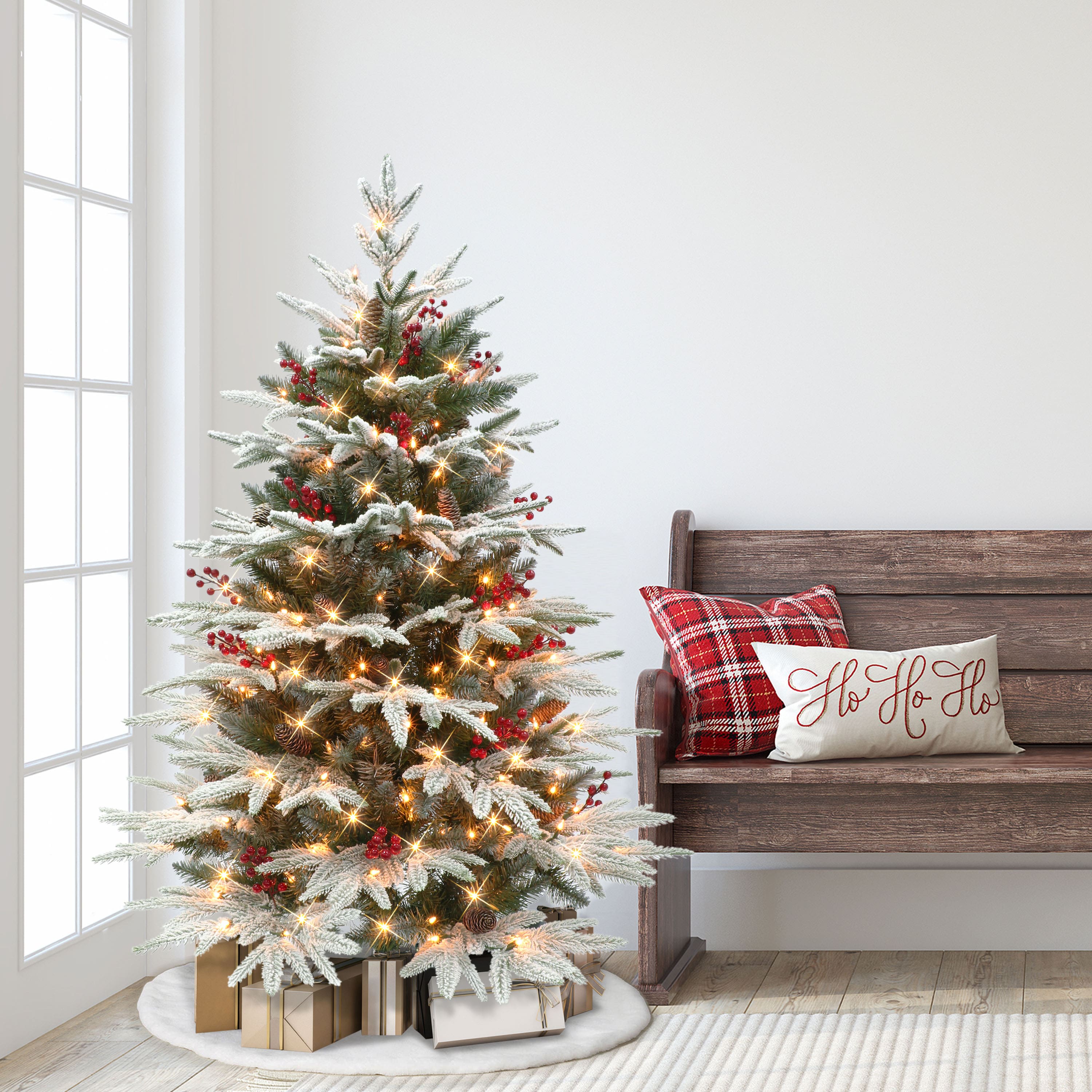 4.5ft. Pre-Lit Flocked Halifax Fir Artificial Christmas Tree, Clear Incandescent Lights
