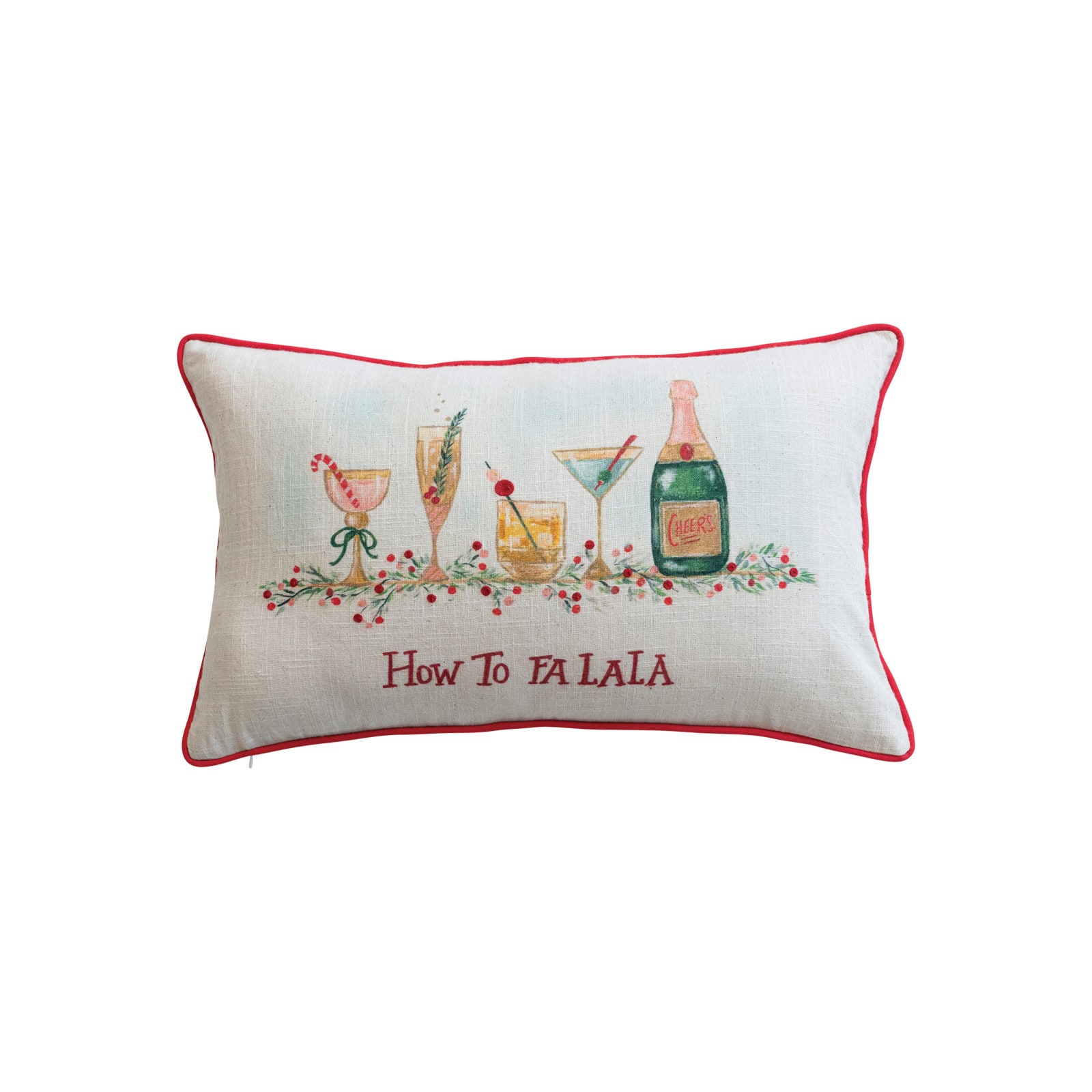 Hello Honey® 20" x 12" Embroidered How to Fa La La Cotton Slub Lumbar Pillow with Red Piping