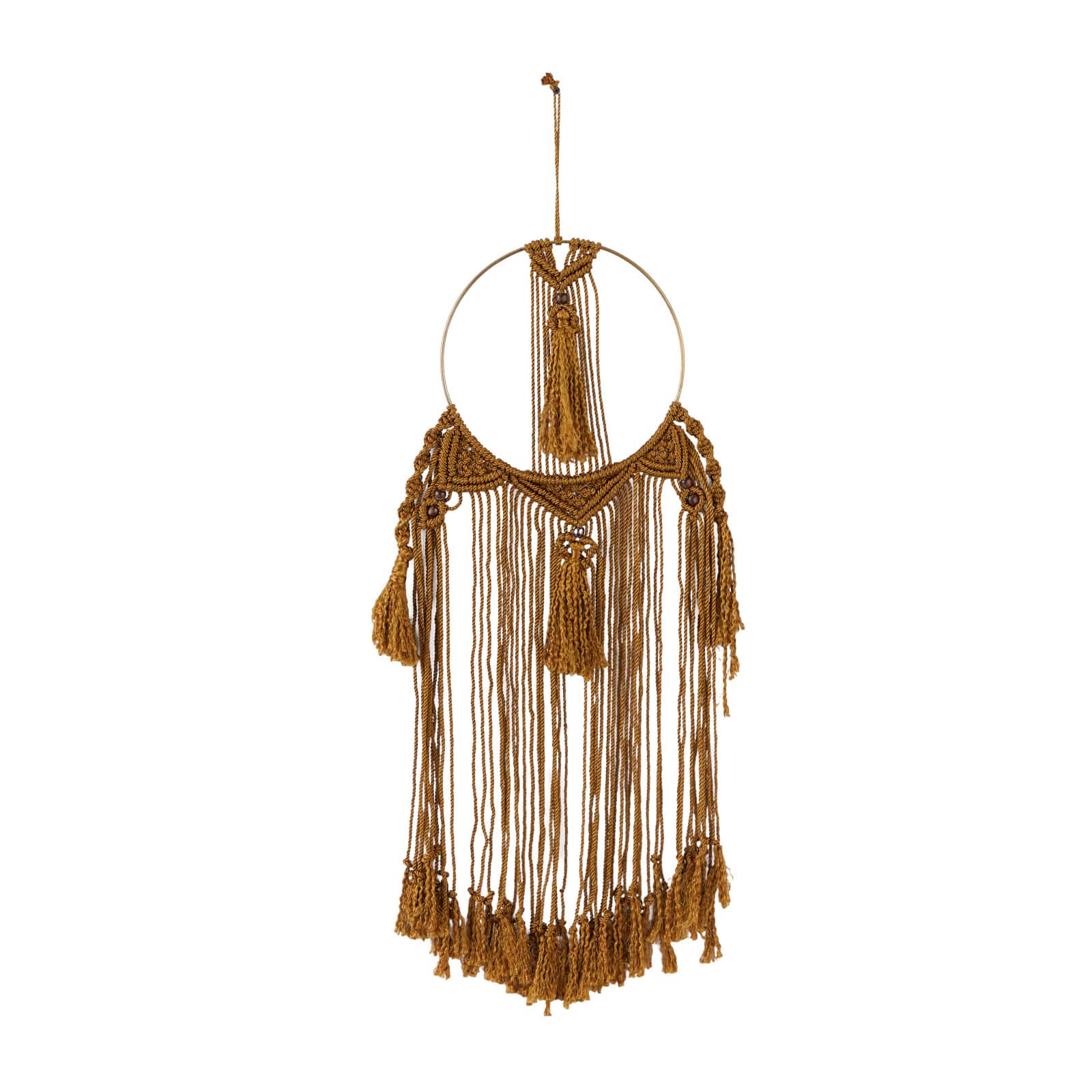 Brown Fabric Intricately Weaved Macrame Wall Decor with Beaded Fringe Tassels 10" x 1" x 38"