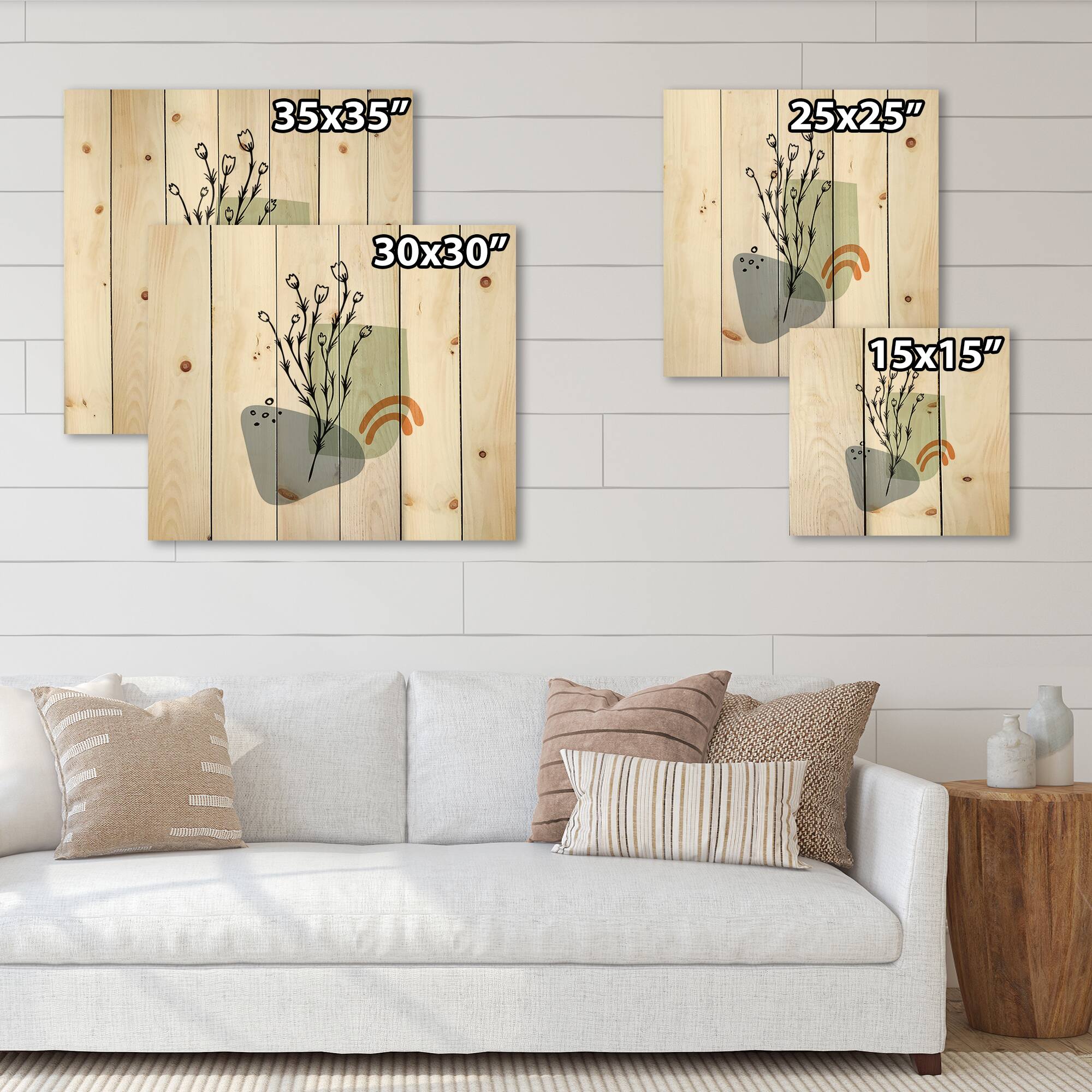Designart - Abstract Flowers On Minimal Shapes II - Modern Print on Natural Pine Wood
